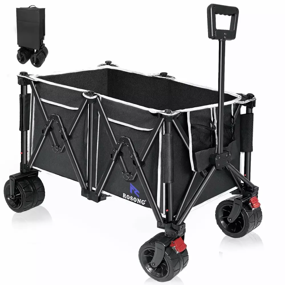 ROSONG Folding Utility Wagon All Terrain Big Wheels Collapsible Cart Heavy Duty Foldable Beach Groceries Black 500 lbs