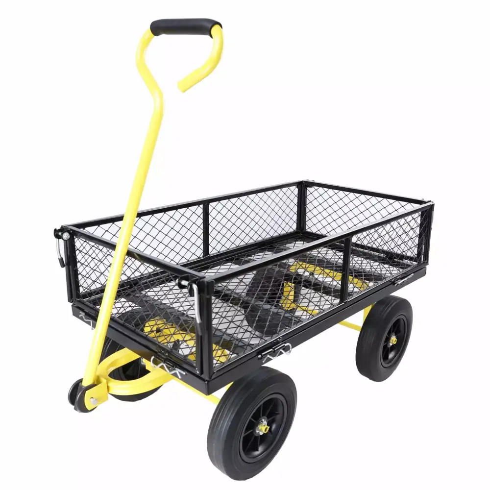 High-Quality Black and Yellow Heavy-Duty Garden Cart Wagon Solid Wheels Firewood Transport