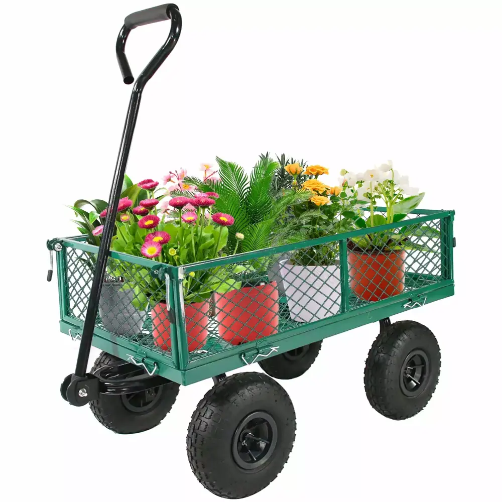 Jump Into Fun Garden Cart Metal Wagon Cart 10'' Tires Upgrade Folding Heavy Duty Utility Garden Cart 650LBS Capacity Mesh ...