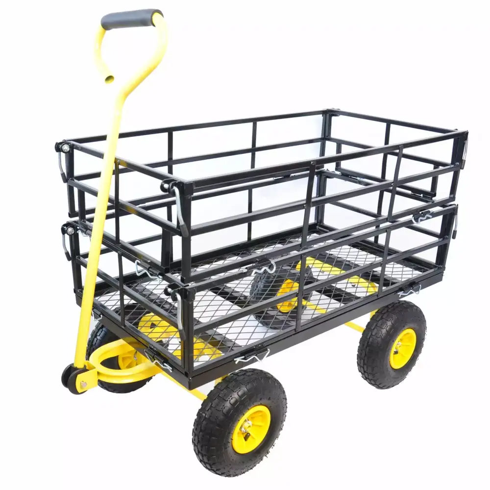 Steel Garden Cart Removable Mesh Sides Heavy Duty 550Lbs Capacity Folding Utility Wagon Garden Farm Yard