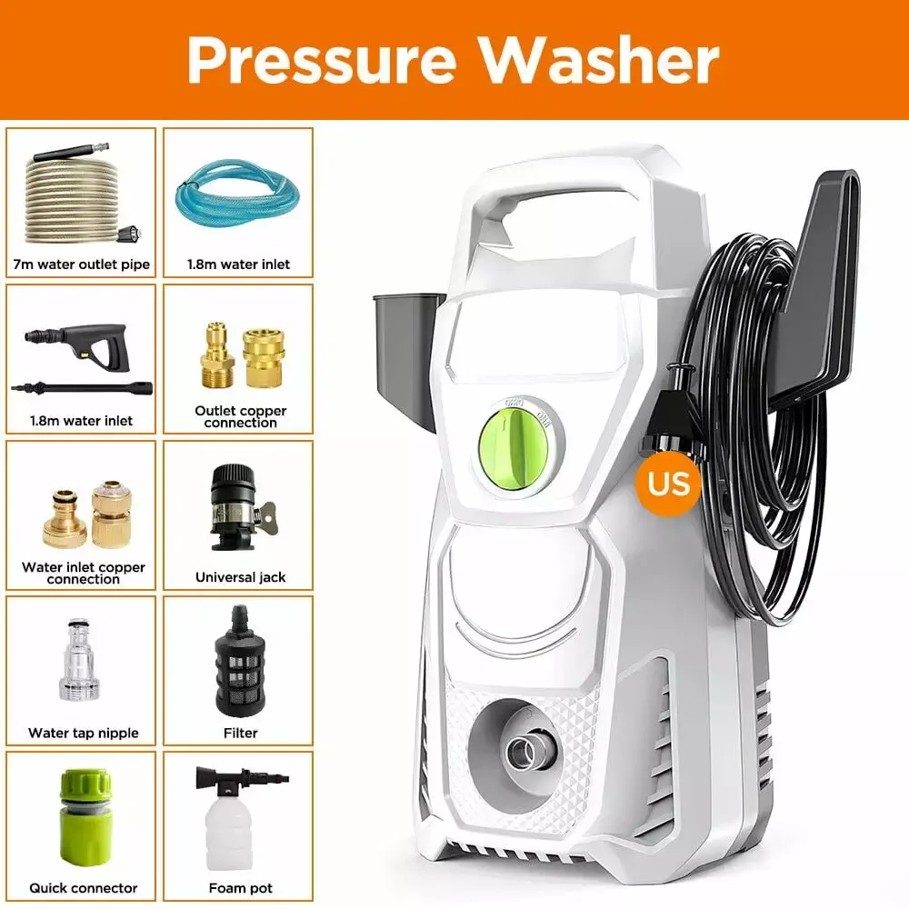 2100PSI 145Bar Electric Pressure Washer 2.8GPM 2800W Nozzle and Soap Bottle