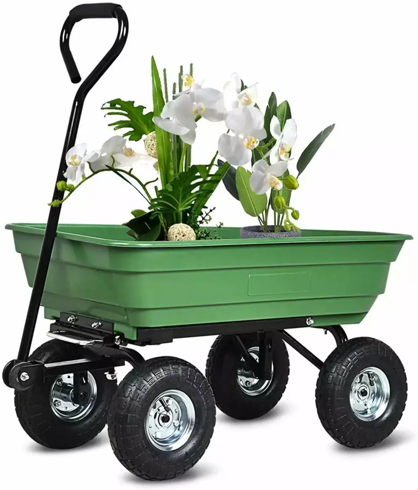 55L Folding Garden Cart Heavy Duty 4 Wheel 10 Inches Trolley Dump Wheelbarrow 300 lb Capacity Green 39
