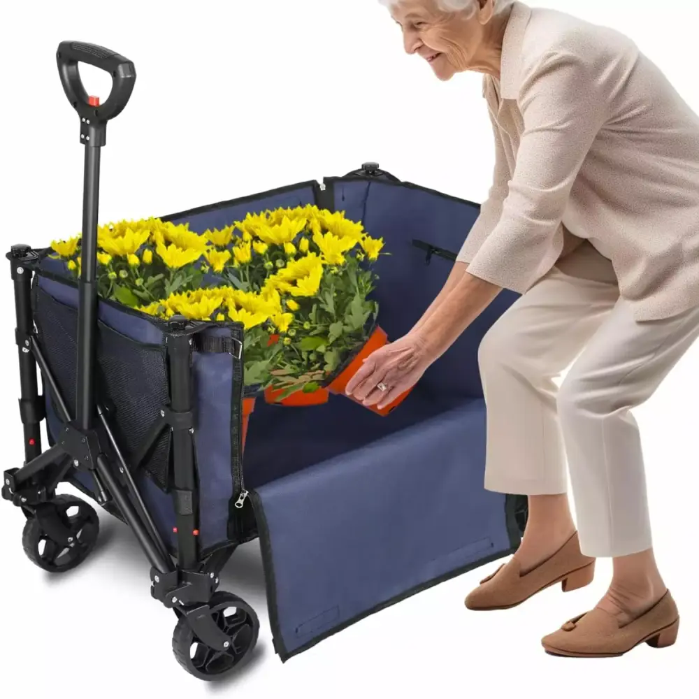 Heavy Duty Collapsible Wagon Cart Space-saving Foldable Utility Wagon Grocery Camping Shopping Black