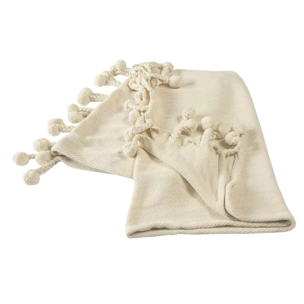 LR Home Embroidery Braided Cream Chevron Herringbone Cotton Throw Blanket - Elegant Textured Decorative Bed Cover