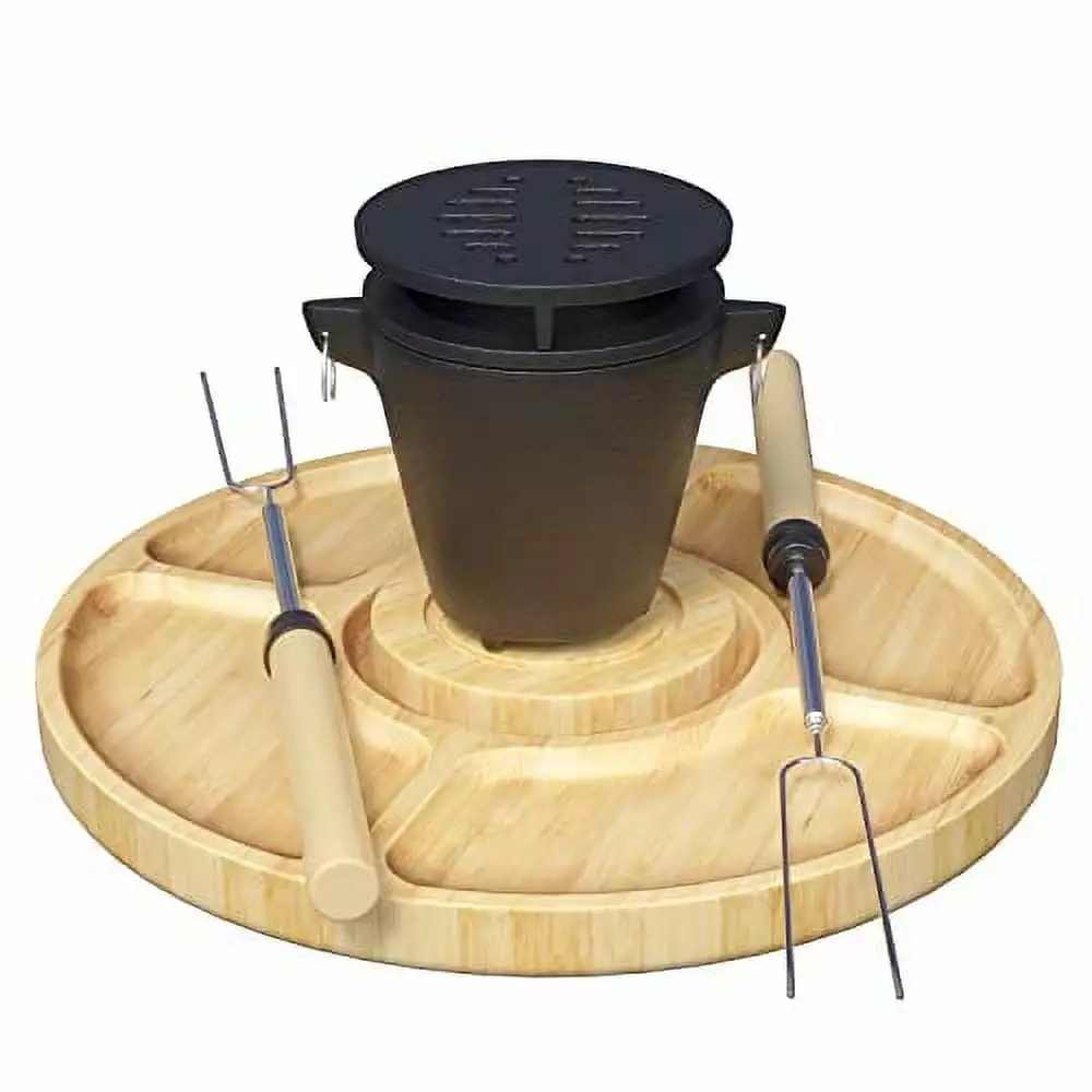 Cast Iron Mini Hibachi Grill Platter Set Bamboo Serving Tray and 2 Marshmallow Roasting Sticks Outdoor Cooking Crown Display