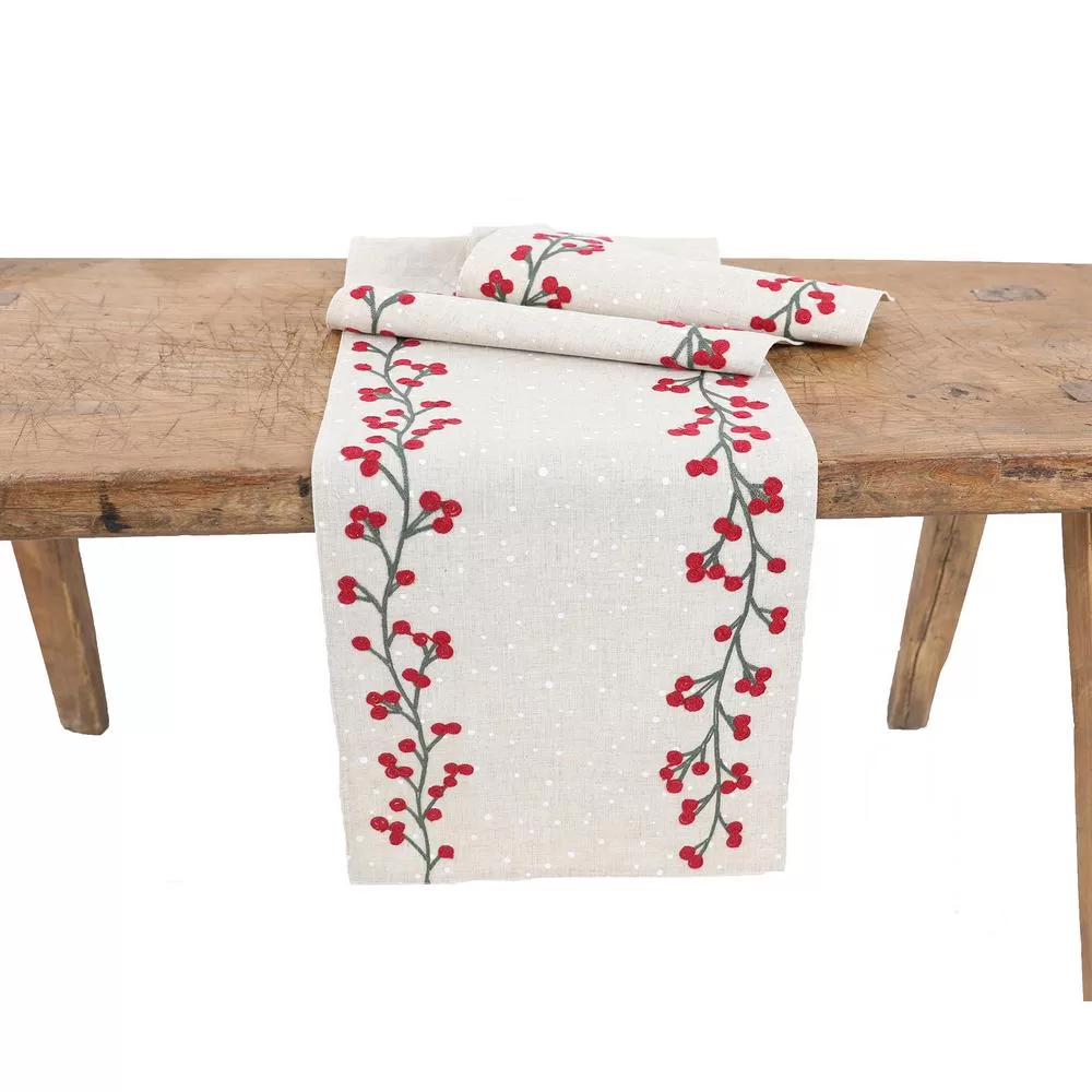 Manor Luxe 15x90 Inch Holly Berry Branch Crewel Embroidered Christmas Table Runner Natural
