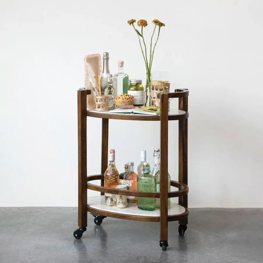Backlit Glass Mango Wood & Marble 2-Tier Bar Cart