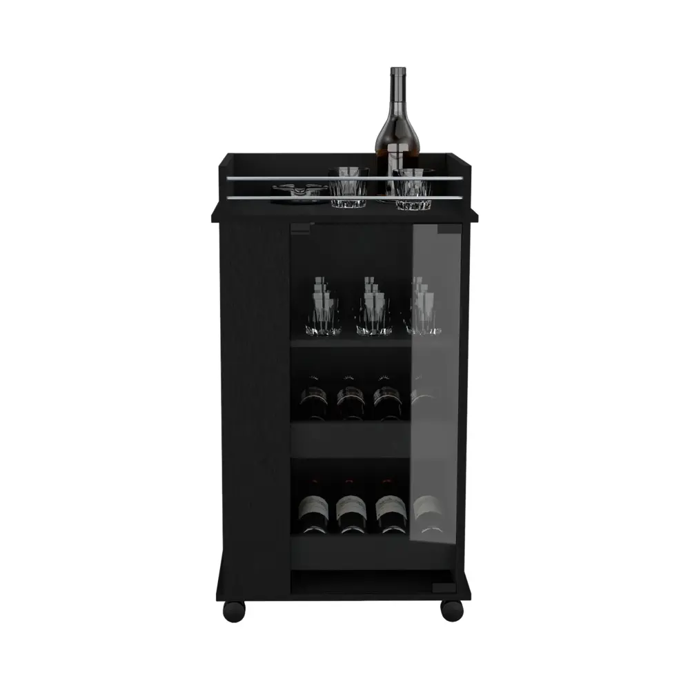 Bar Cart Glass Door, 2 Side Shelves And Casters - Jet-black Home Entertaining