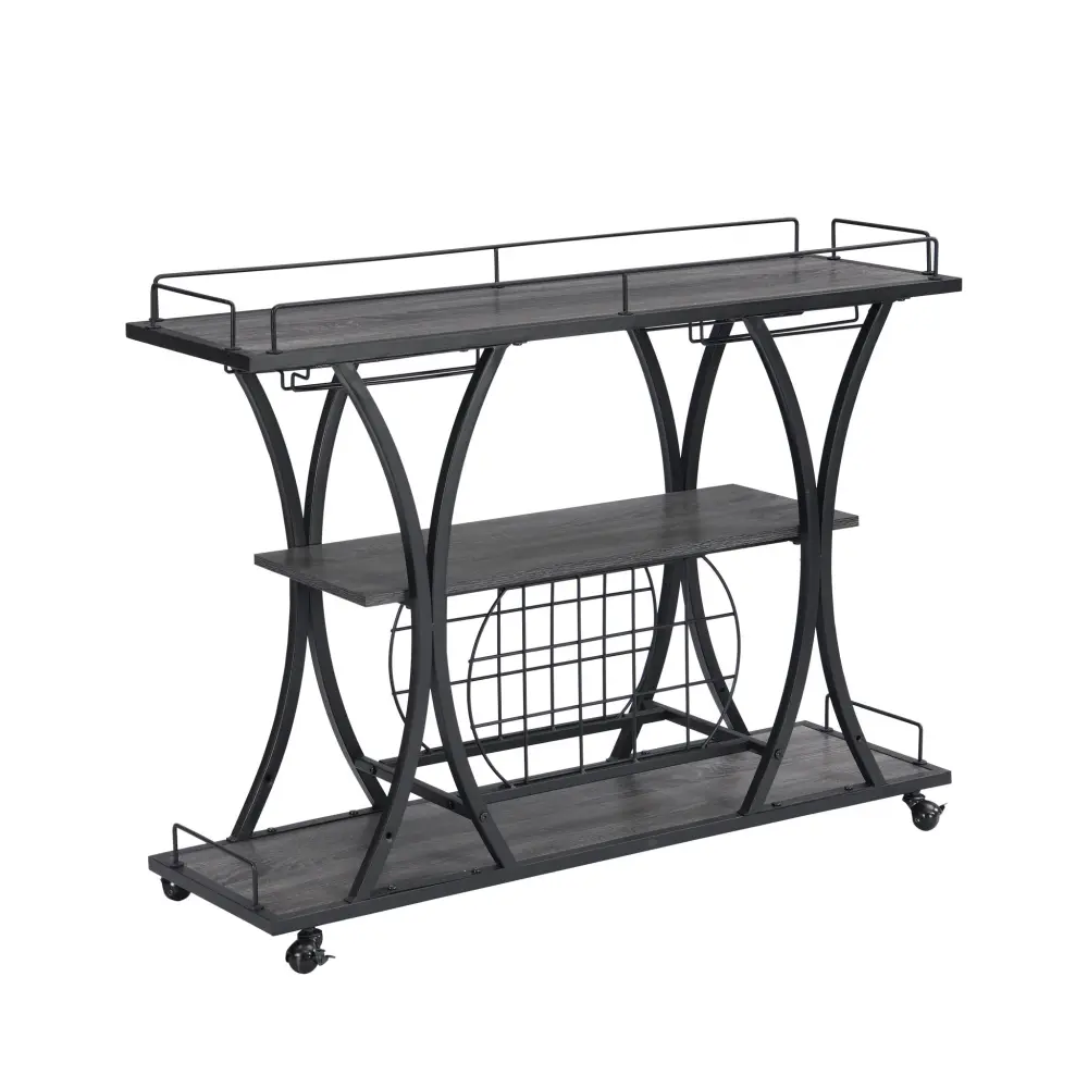 Wine Bottle Rack Industrial Bar Cart Kitchen Bar & Serving Cart Home Wheels 3 Tier Storage Shelves - Black / Ash