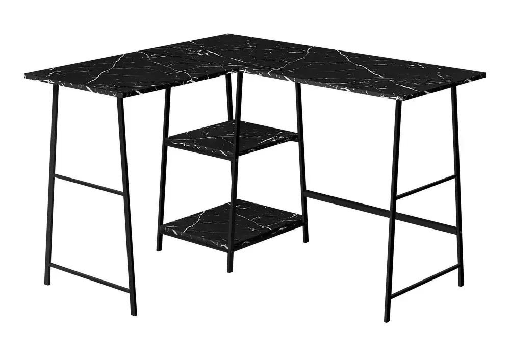 Height Adjustable Computer Desk, Home Office, Corner, Storage Shelves, L Shape, Work, Laptop, Marble Look Laminate, Contem...
