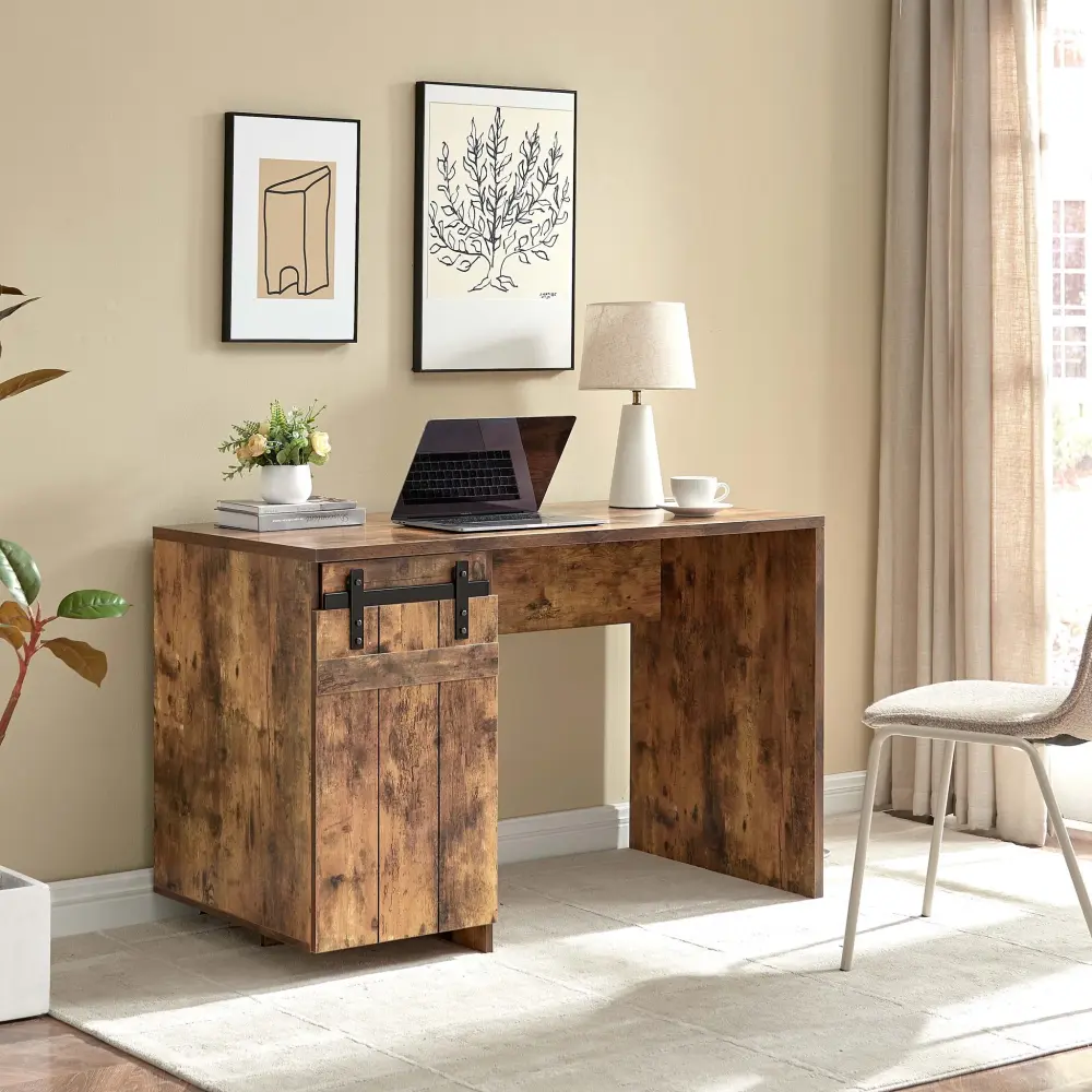 Home Office Desk One Cabinet Three Shelves Faux Barn Door On All-metal Euro Hinges Modesty Panel - Distressed Wood
