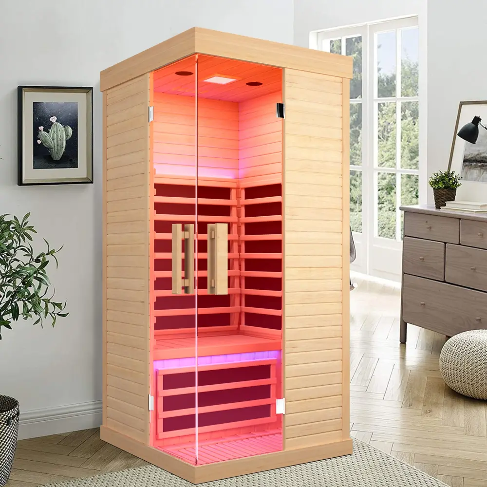 Canadian Hemlock Single Sauna Room Ancient Oak Wood Paper Glass Home Spa rigo
