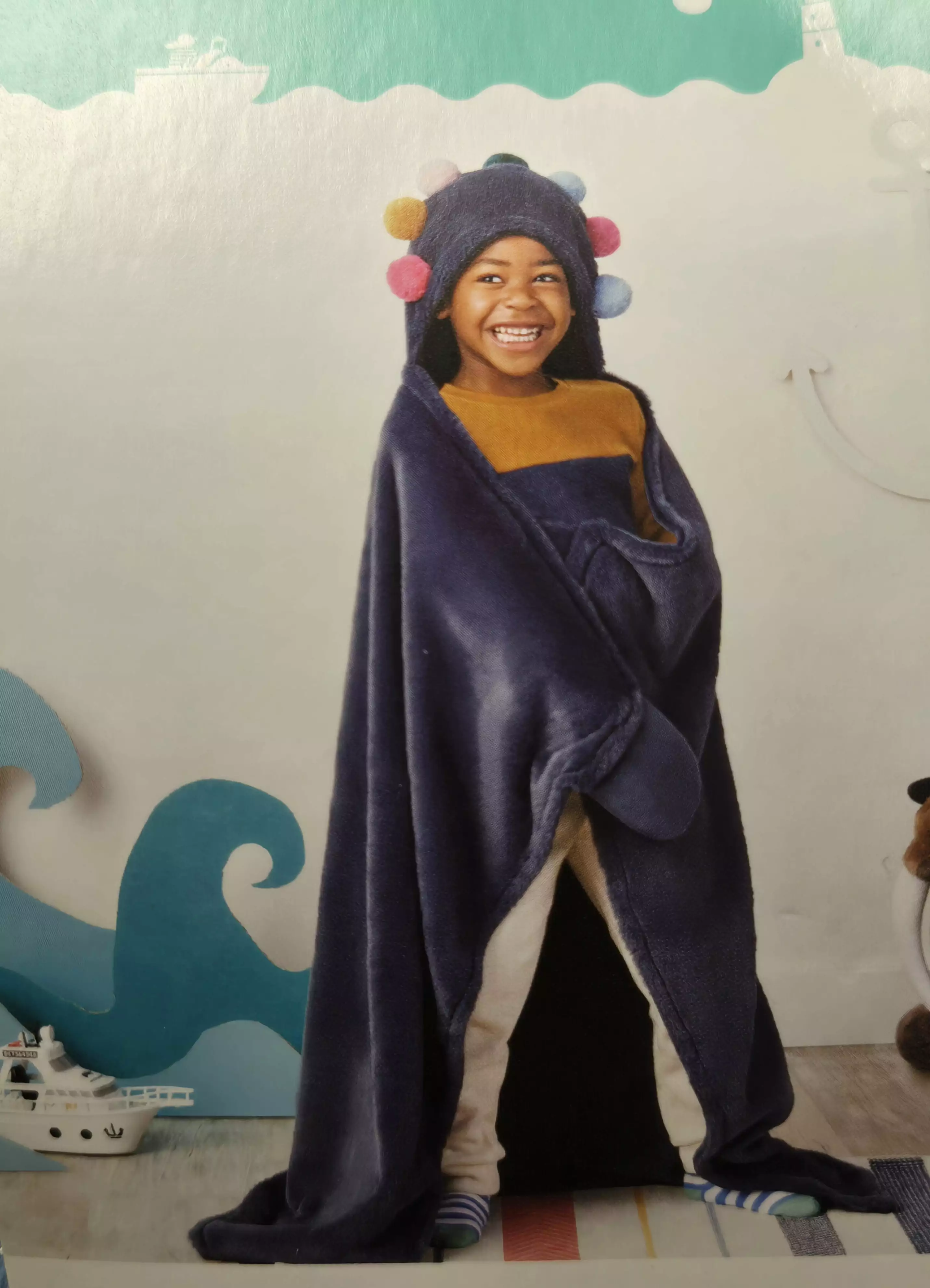 Pillowfort Pom-pom Hooded Blanket Kids Blue Cozy Wearable Blanket