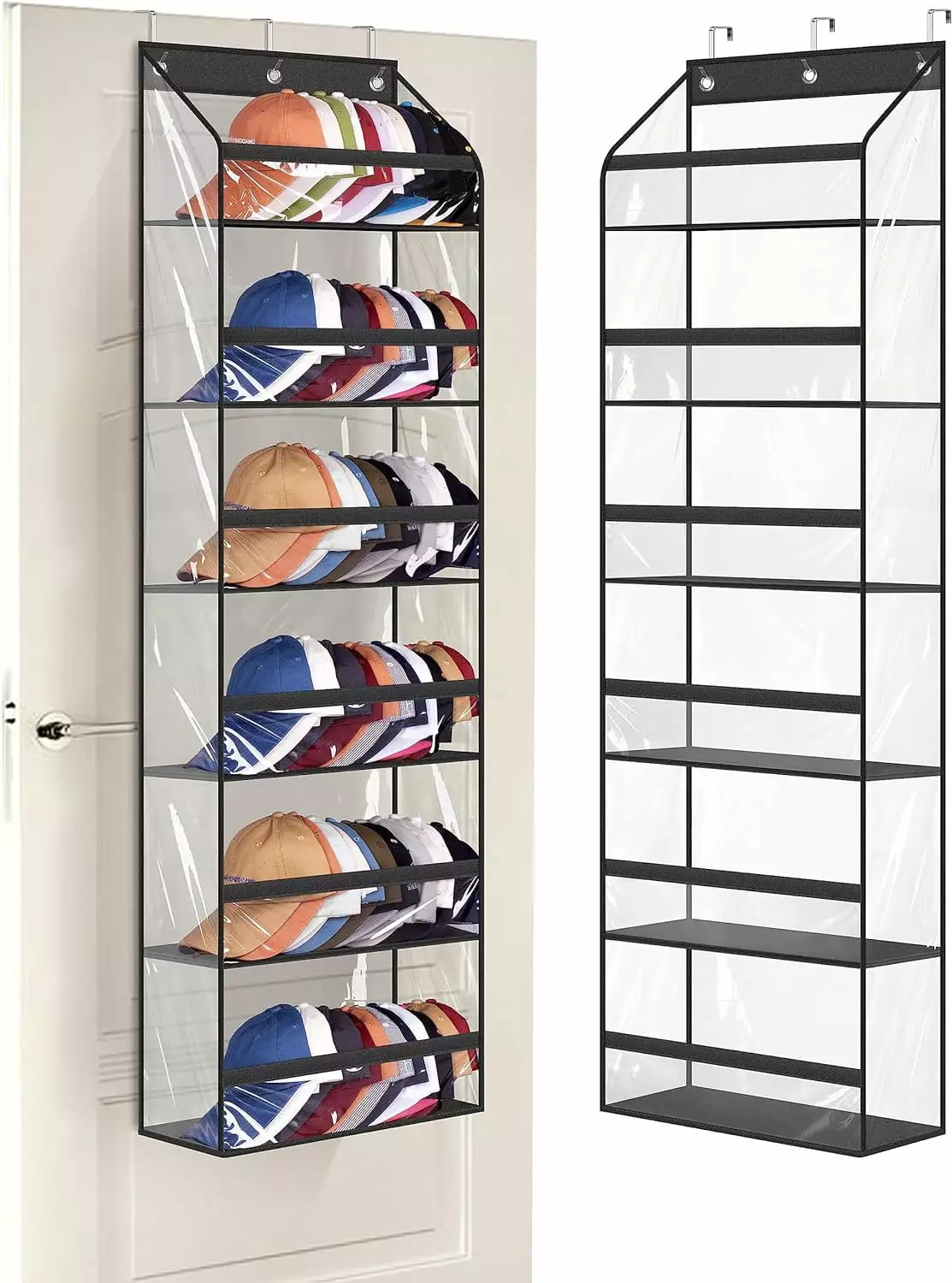 MISSLO Clear Over Door Hat Rack Baseball Caps Large Holds up to 72 Caps 3 Hooks Black