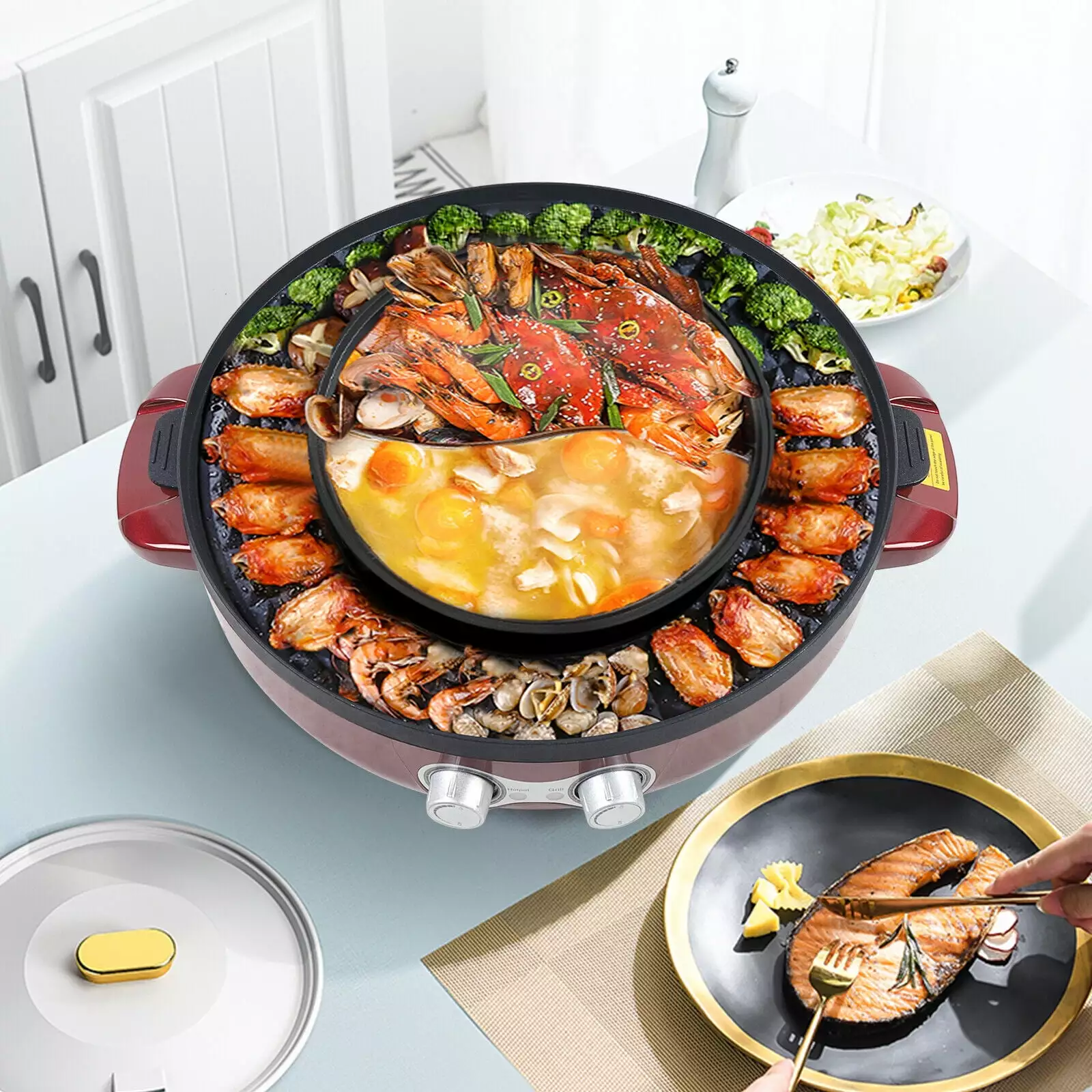 FETCOI 2200W Grill and Hot Pot BBQ Grill Pot 2 1 Electric Grill Barbecue Plate