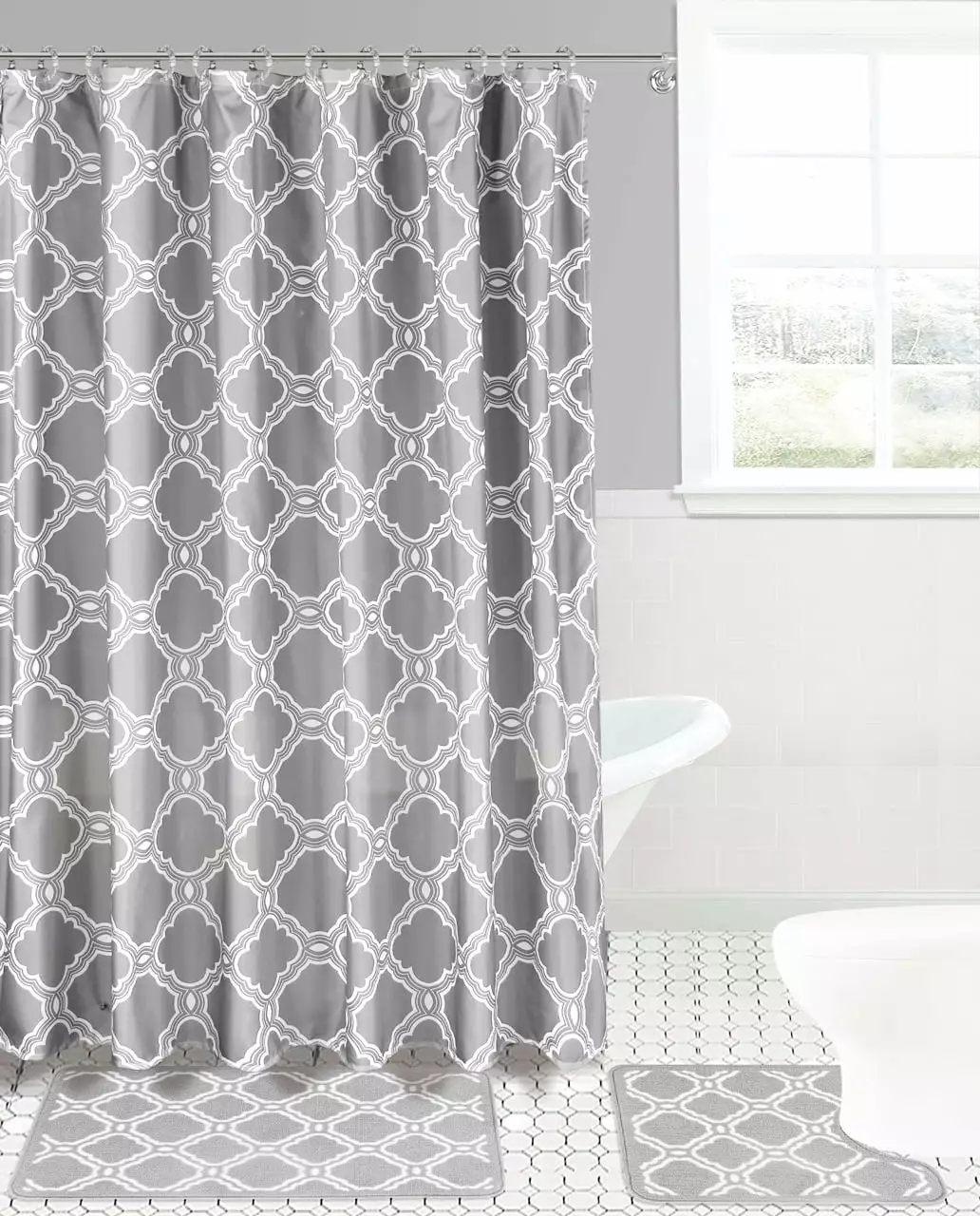 15-Piece Hotel Bathroom Sets 2 Non-Slip Bath Mats Fabric Shower Curtain 12 Hooks KATE SAM