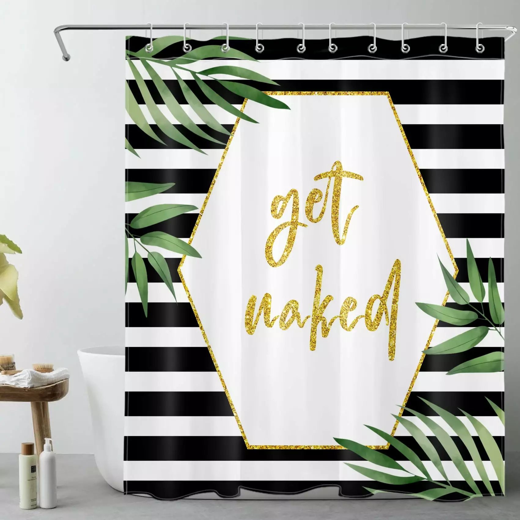 HVEST Get Naked Striped Shower Curtain Funny Quote Green Leaf Black White 60x72 Inches