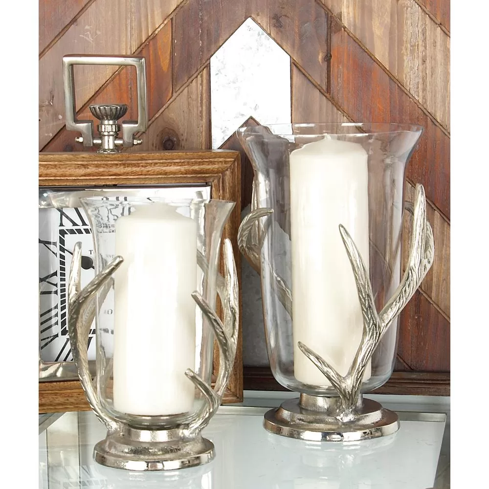 LITTON LANE 10 . Aluminum Antler and Glass Hurricane Candle Holder