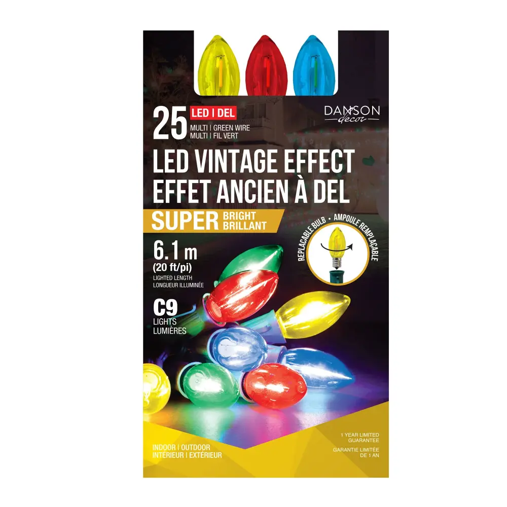 String 25 Bright C9 LED Lights Vintage Look on Sage Wire 20' (6.1 m), Multicolor