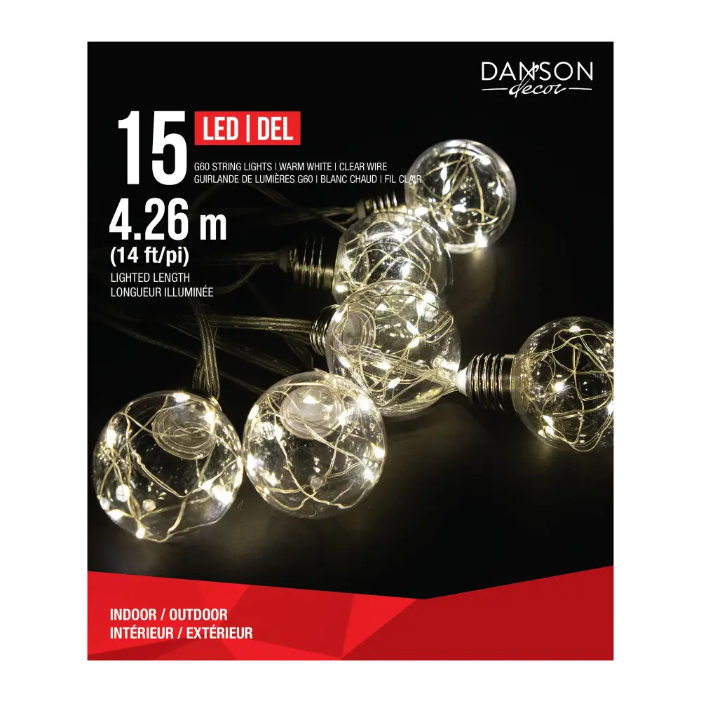 String 15 G60 Lights 8 Micro LED Dots Each Clear Globe 14' (4.26 m), Warm Snow