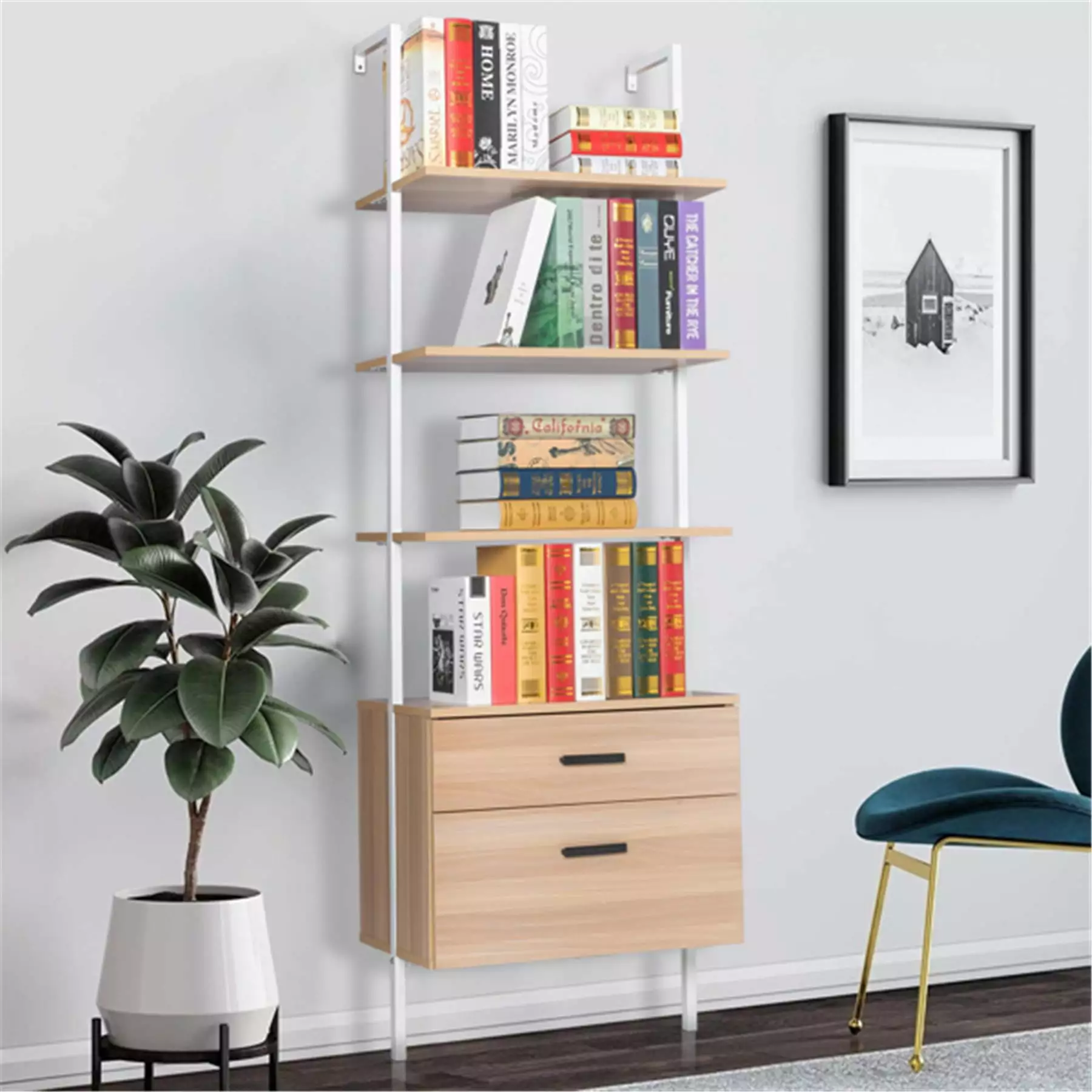 3-Tier Industrial Bookshelf Wood Drawers Vintage Storage Bookcase Flower Stand Home Office Natural White ARCTICSCORPION