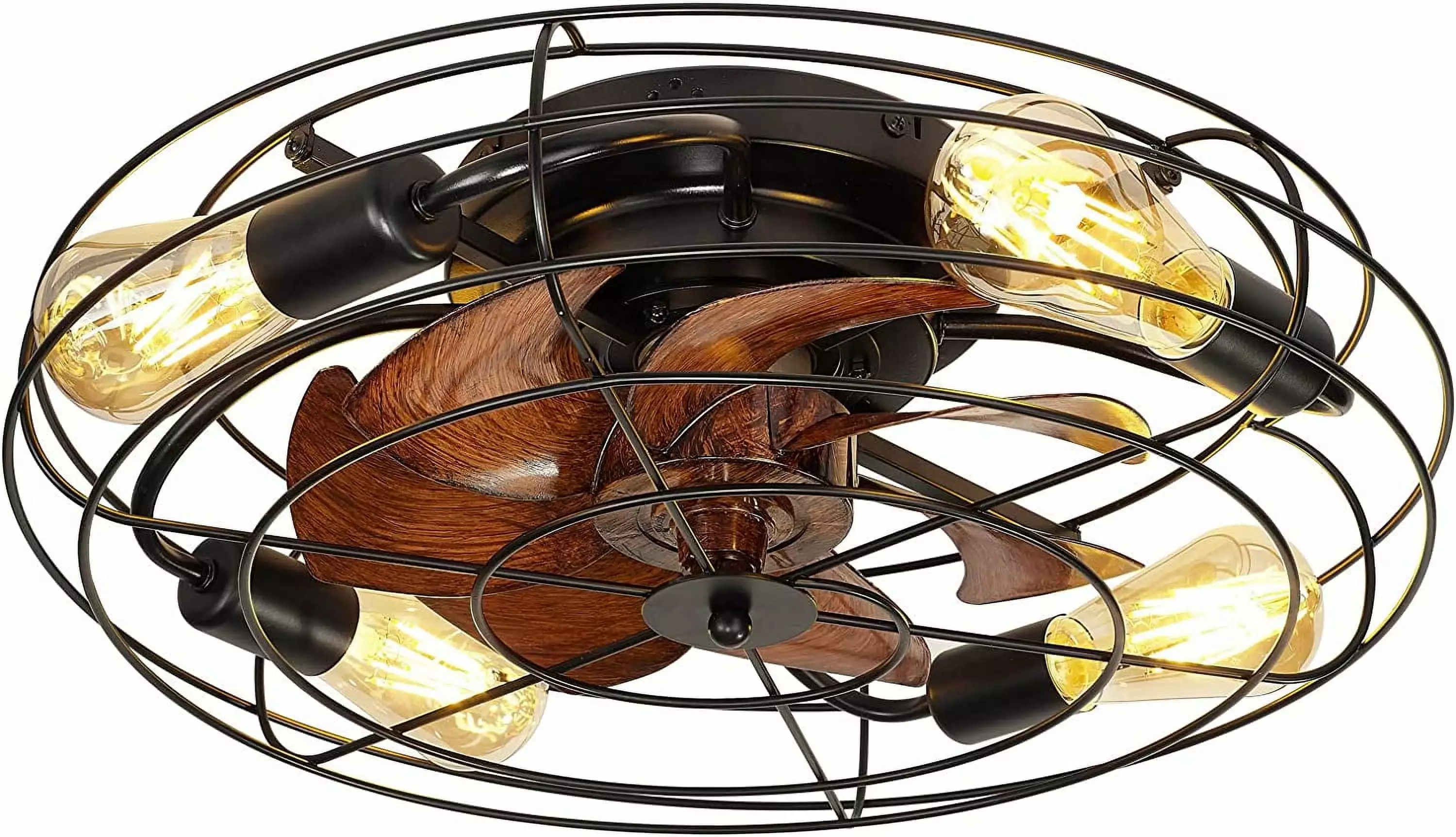 19.7 Caged Ceiling Fan Light Enclosed Bladeless Flush Mount Small Industrial Ceiling Fan 5 Edison Bulbs 6 Wind Speed Quiet...