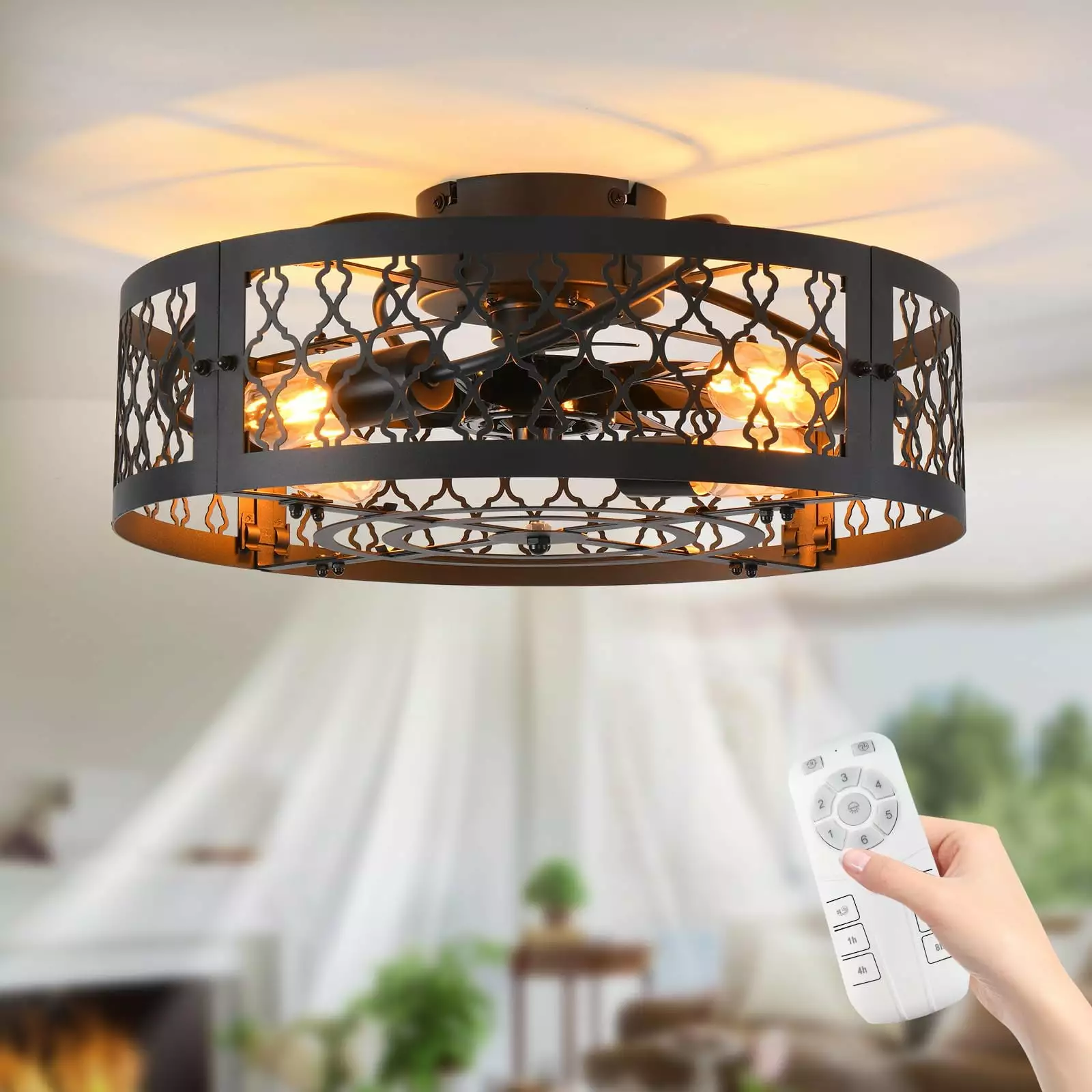 Garwarm 19.6'' Caged Ceiling Fan Light Black Industrial Bladeless Ceiling Fans Remote Flush Mount