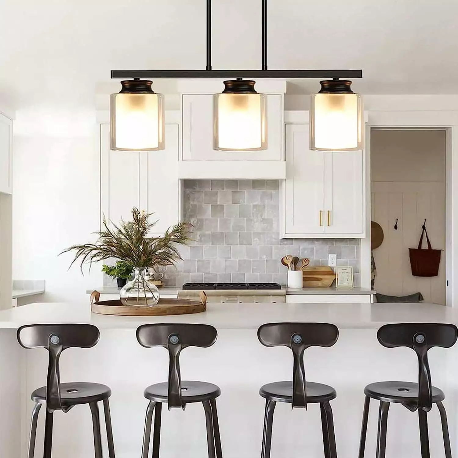 Depuley 3 Light Pendant Light Fixture Industrial Kitchen Island Light Glass Shade Farmhouse Semi Flush Mount
