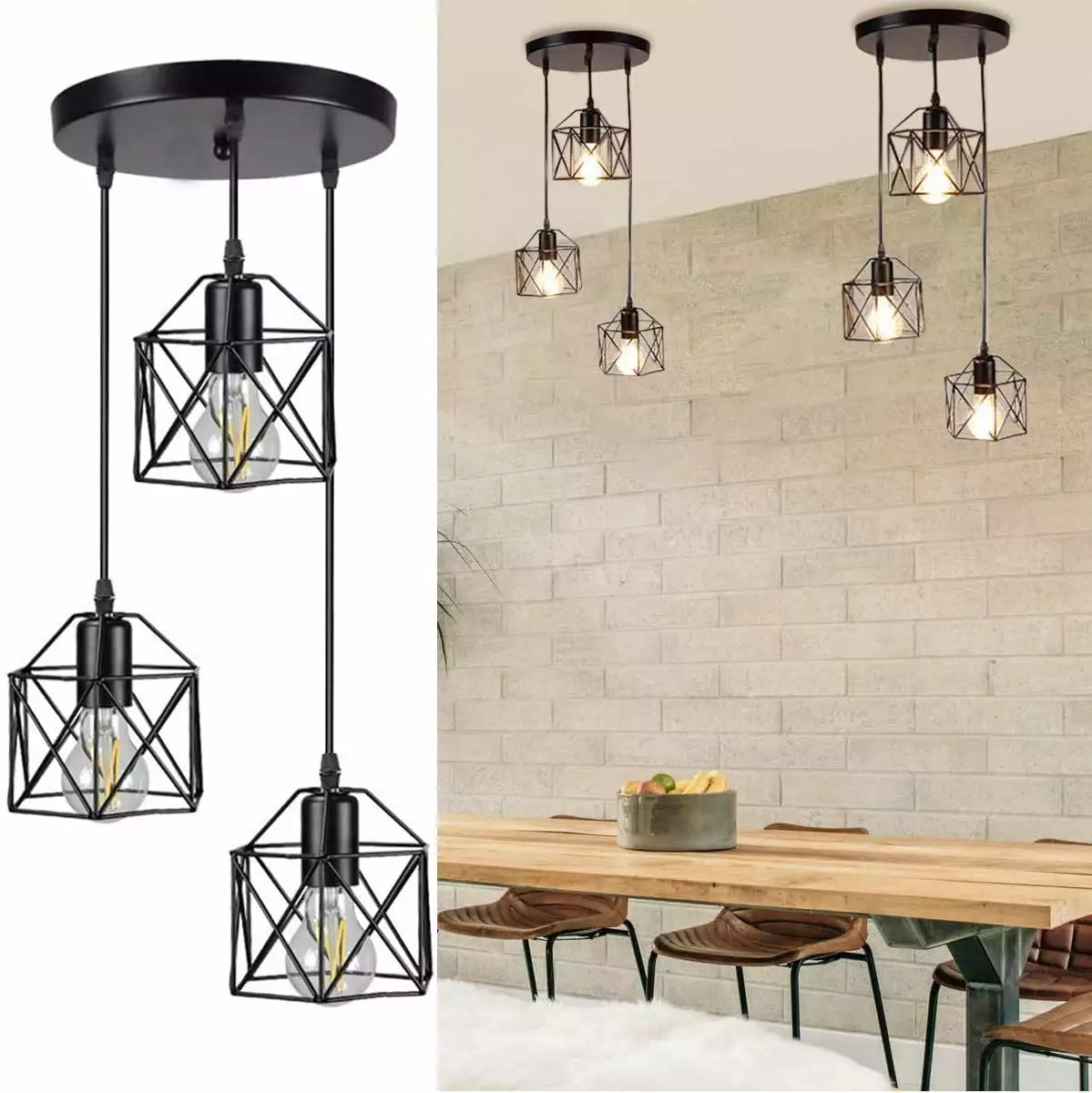 Garwarm Industrial 3-Light Pendant Light Adjustable Flush Mount Ceiling Lighting Kitchen Island Living Room Bedroom Vintag...