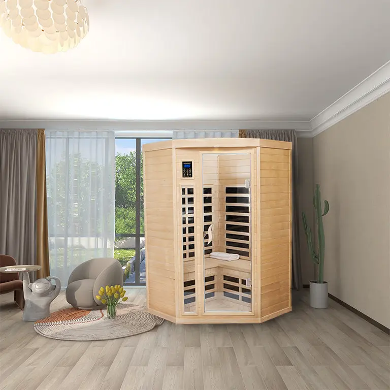 Two Persons Hemlock Far Infrared Corner Indoor Sauna Room Natural Wood Home Spa home sauna