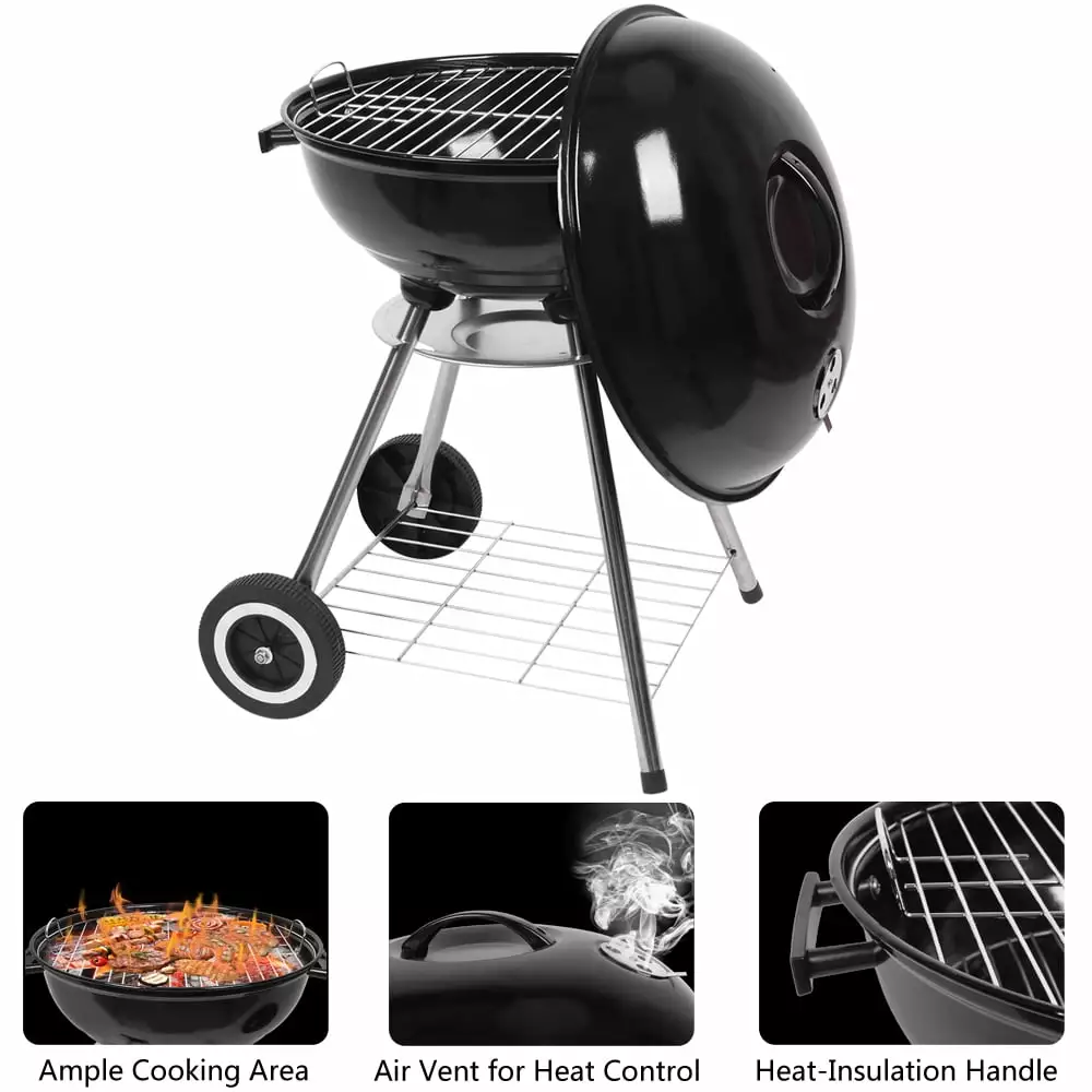 18 Inch Travel-friendly Charcoal Grill BBQ Kettle Wheels Backyard Outdoor Picnic Zokop