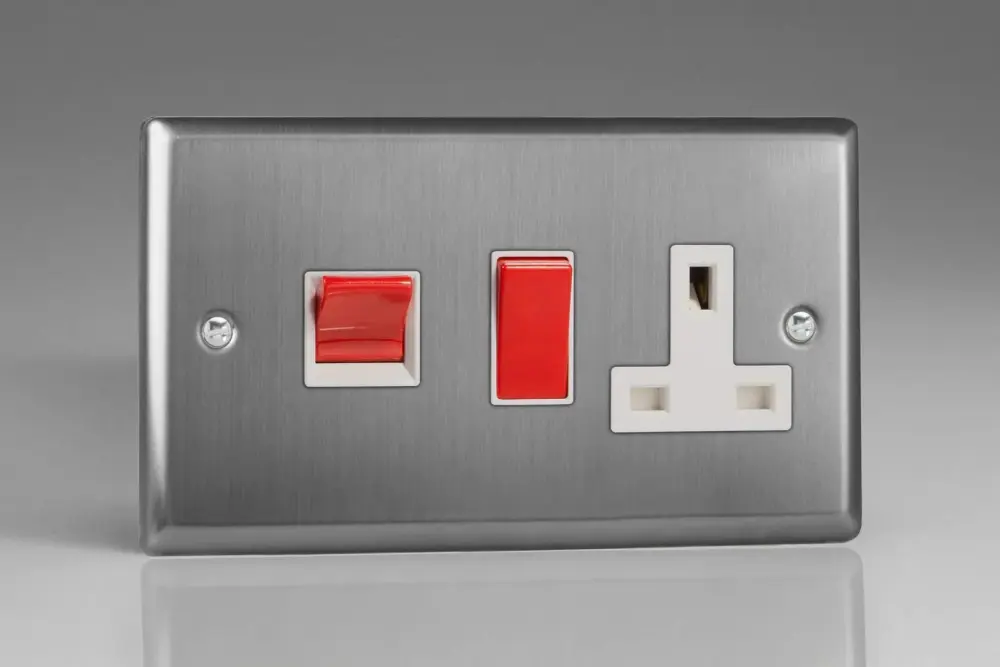 Varilight XT45PW Classic Matte Steel 45A DP Cooker Switch + 13A Switched Socket