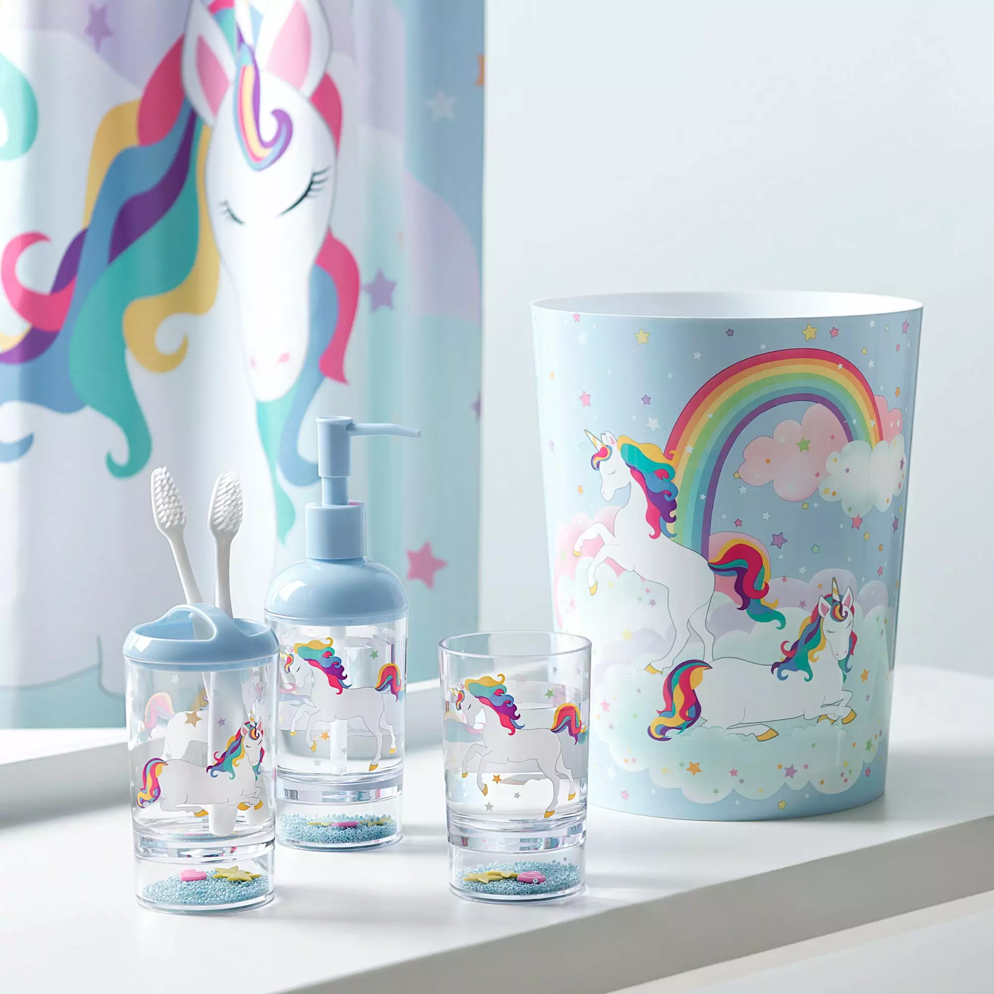 Unicorn & Rainbow 4-Piece Plastic Bathroom Accessory Set - Kids Shower Decor Toothbrush Holder Allure Home Creations