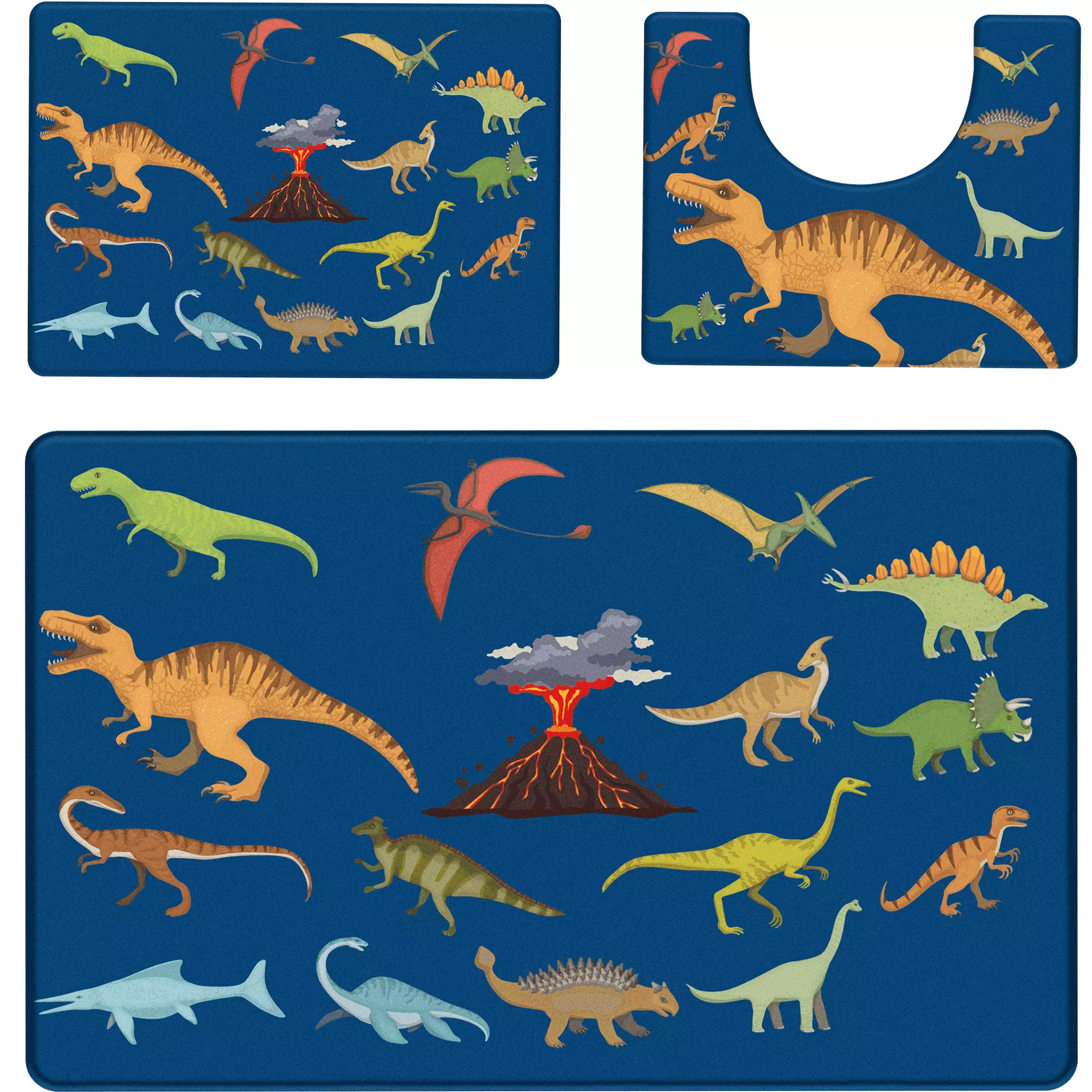 Jurassic Dinosaurs Anti-Slip Velvet Soft Kids Bathroom Mats 3 Piece Set Khelo