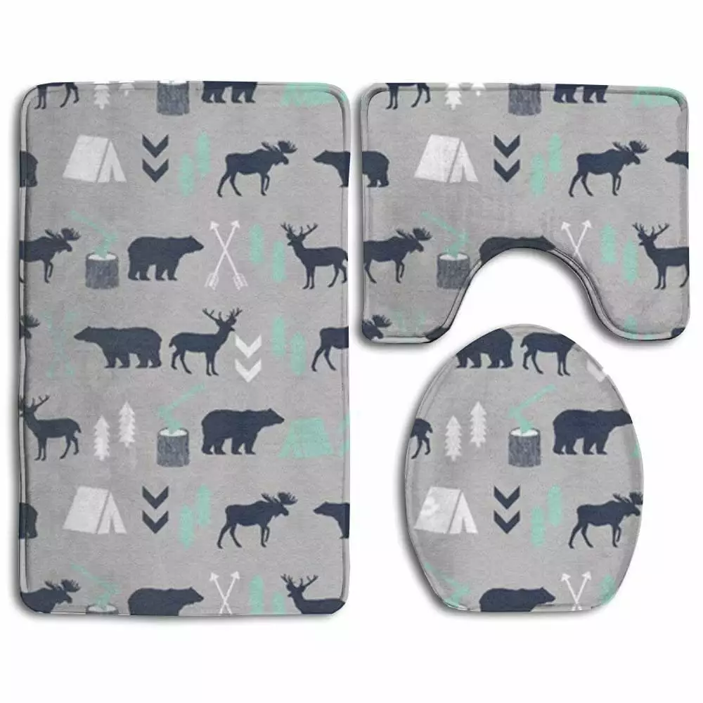 PUDMAD Woodland Boys Bath Rug Set 3 Piece Bathroom Rugs Contour Mat and Toilet Lid Cover