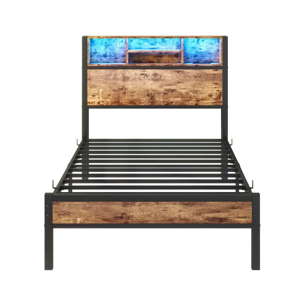 Modern Twin Size Metal Platform Bed Frame Storage Headboard And Charging Station - Espresso