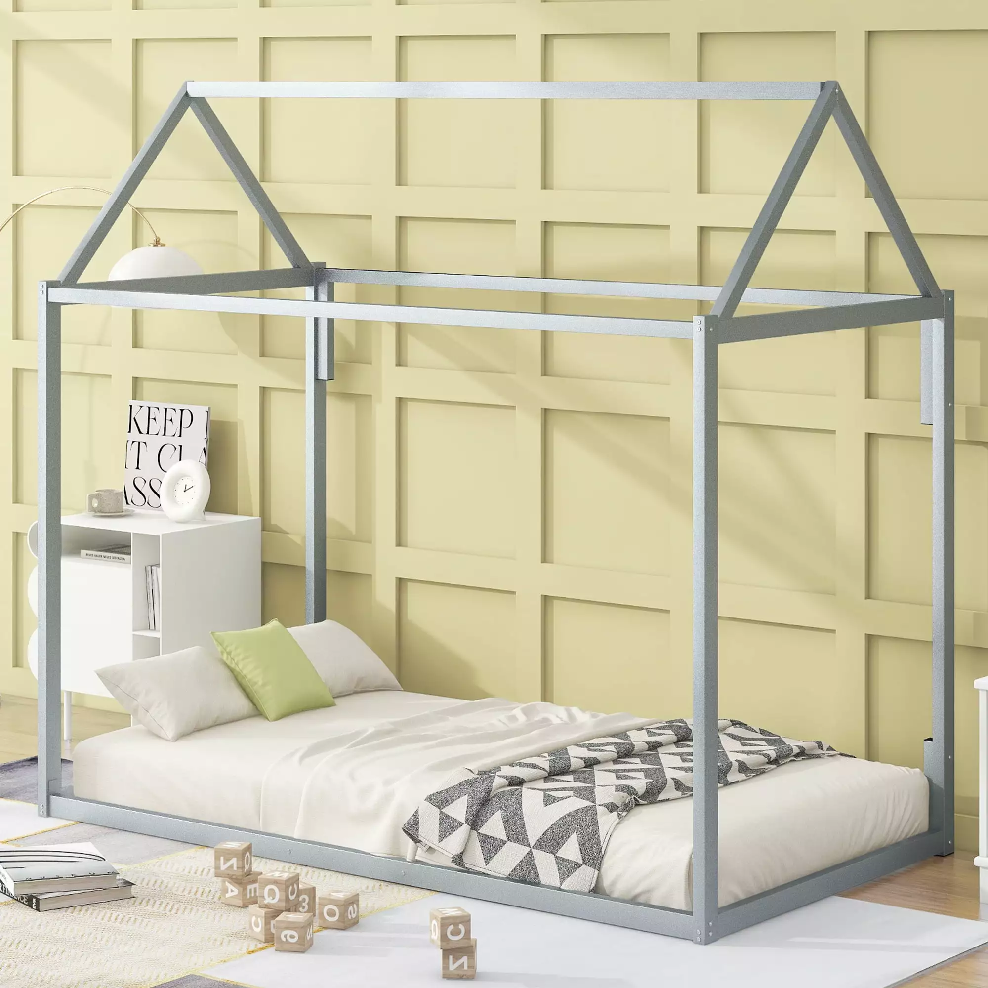 Euroco Metal Tent Bed Full Size House Bed Kids Teens Adults Heavy Duty Frame Silver
