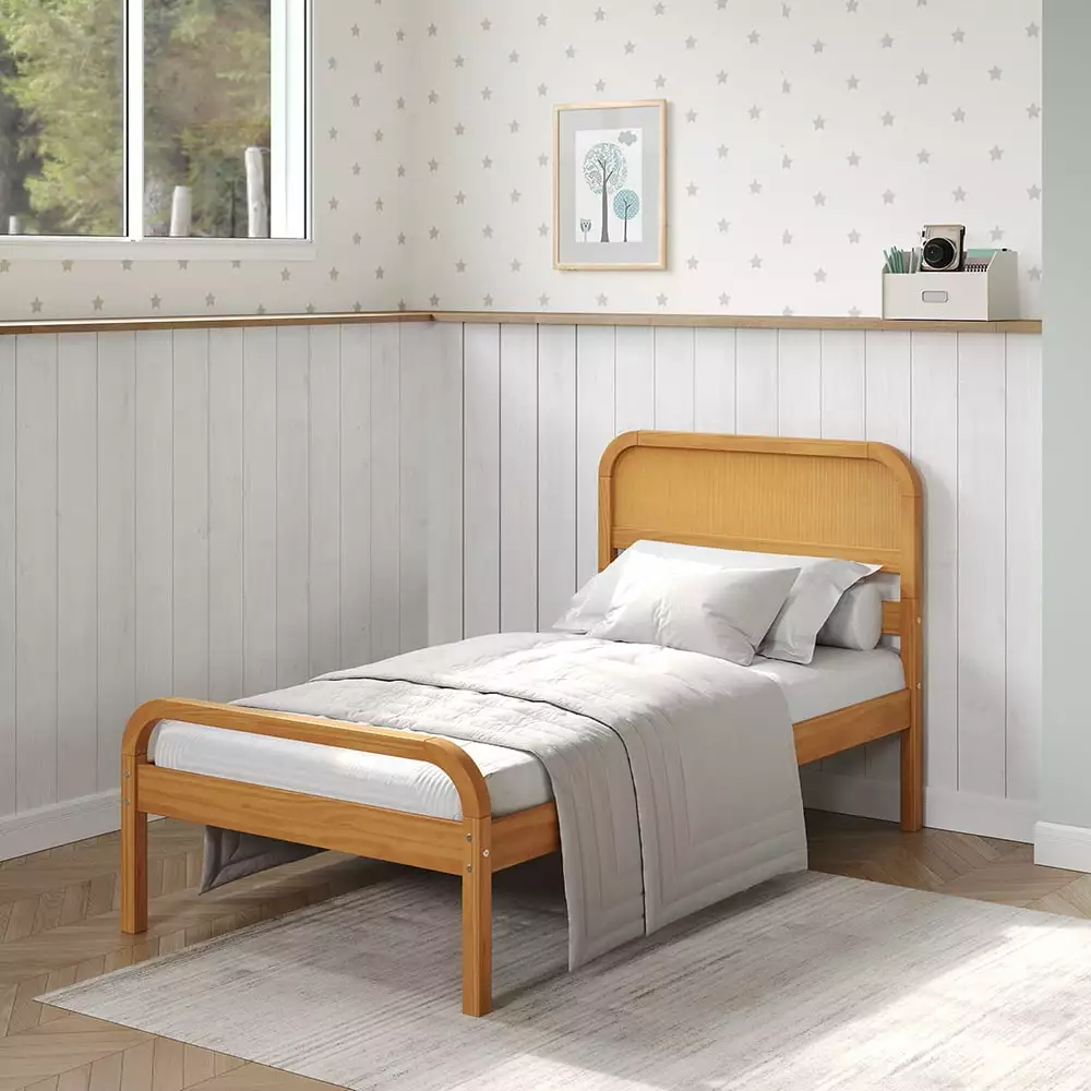 P'kolino Curva Rattan Kids Twin Bed Frame Headboard FSC Certified Solid Pine Wood Natural