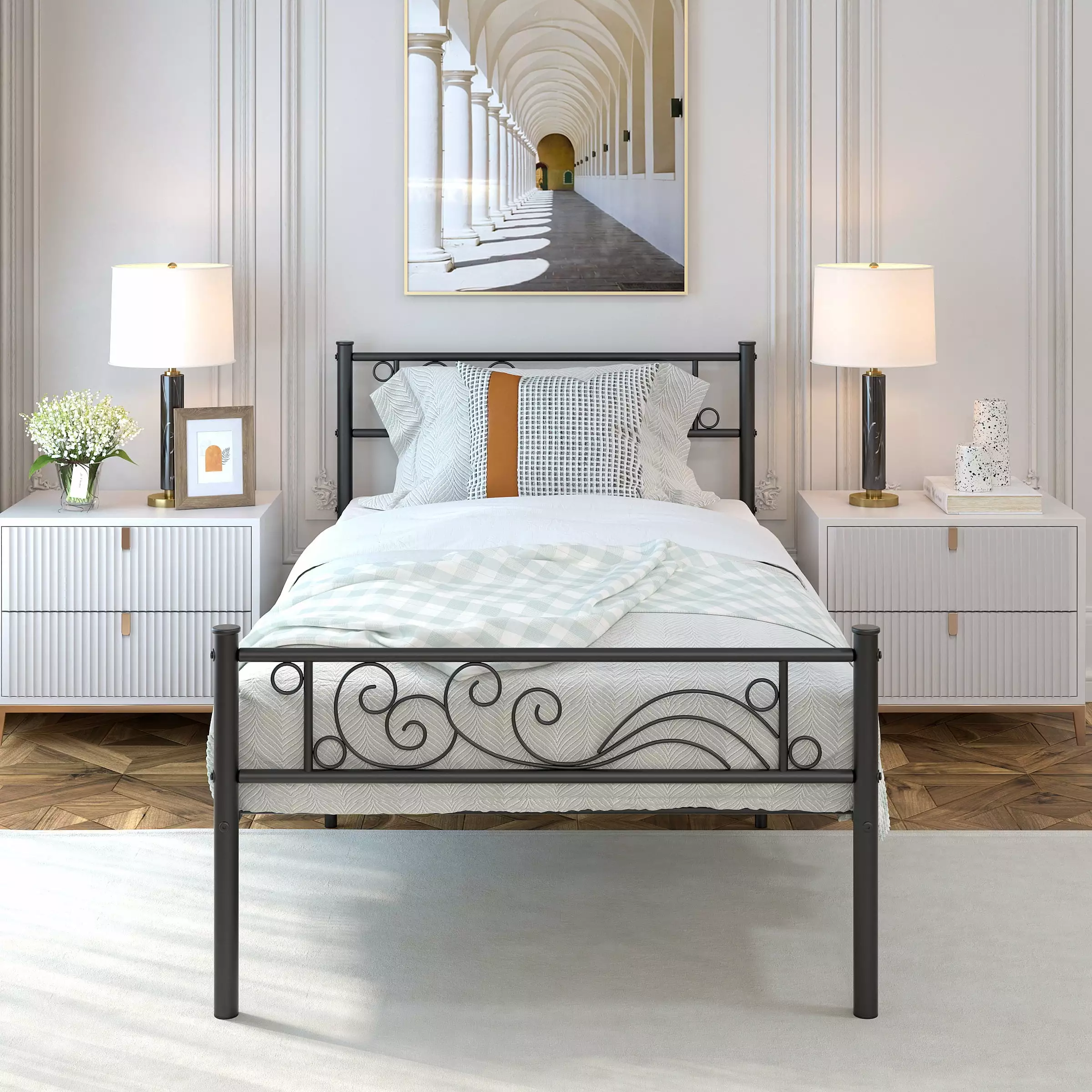 WeeHom Twin Size Metal Bed Frame Boys Kids Headboard and Footboard Black