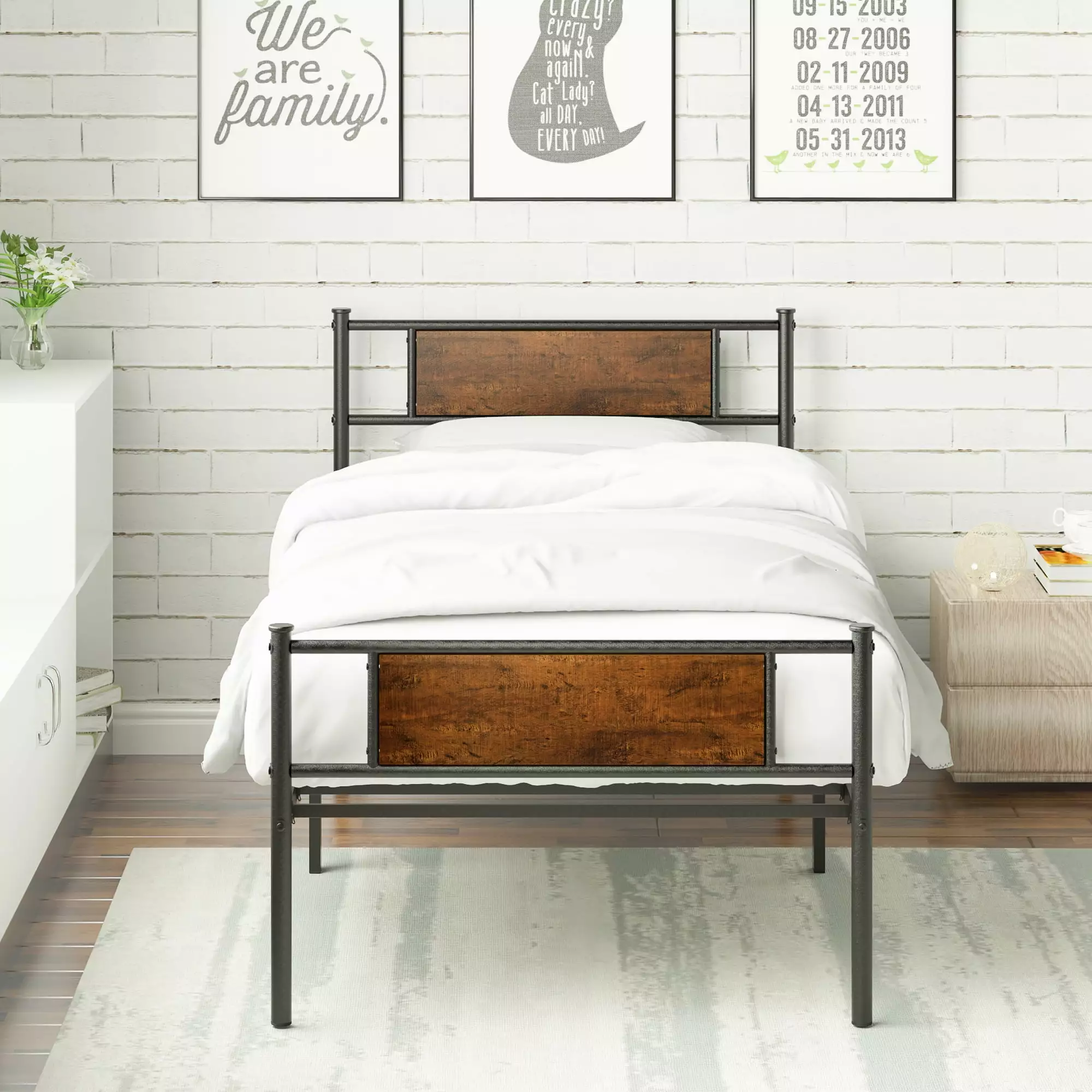 Yoneston Metal Twin Bed Frame Wood Headboard Retro Single Platform Bed Kids