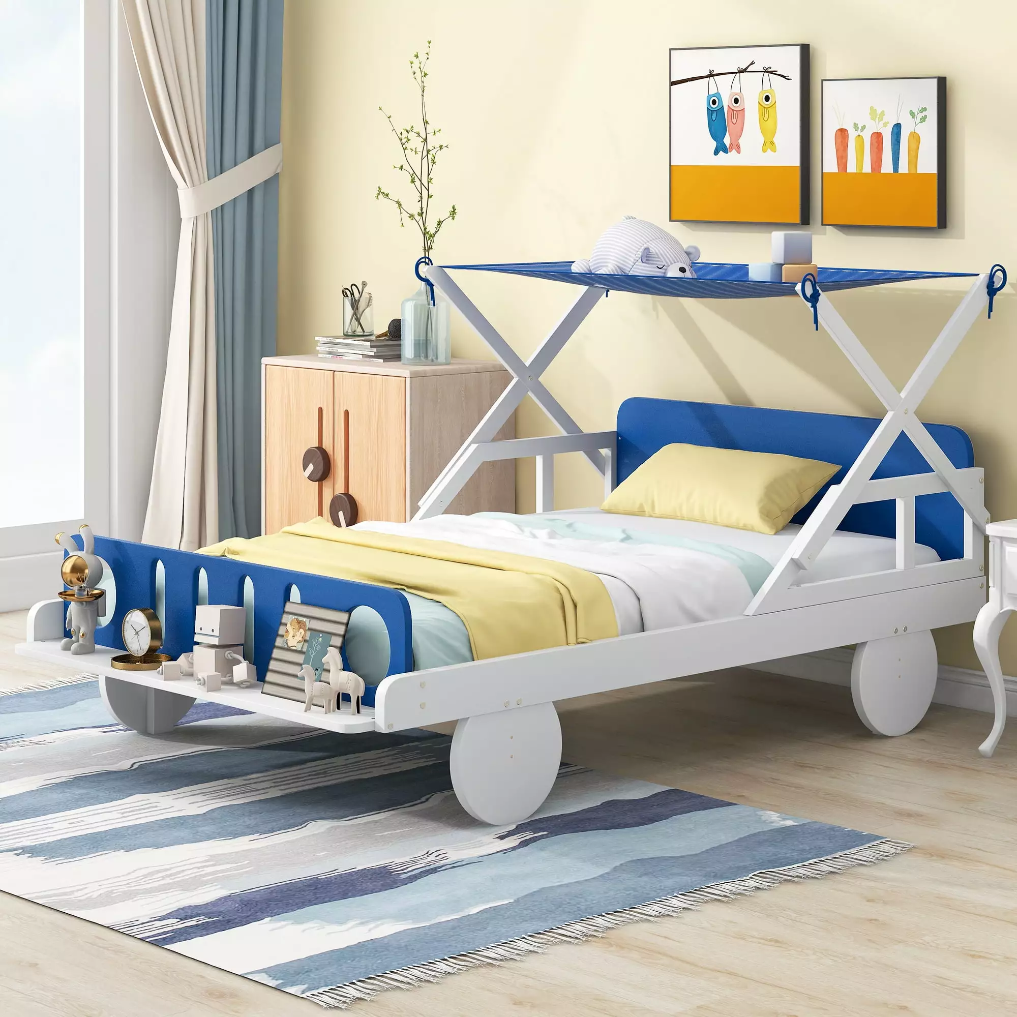 Yoneston Twin Size Wood Car Bed Ceiling Cloth Headboard and Footboard Kids White & Blue