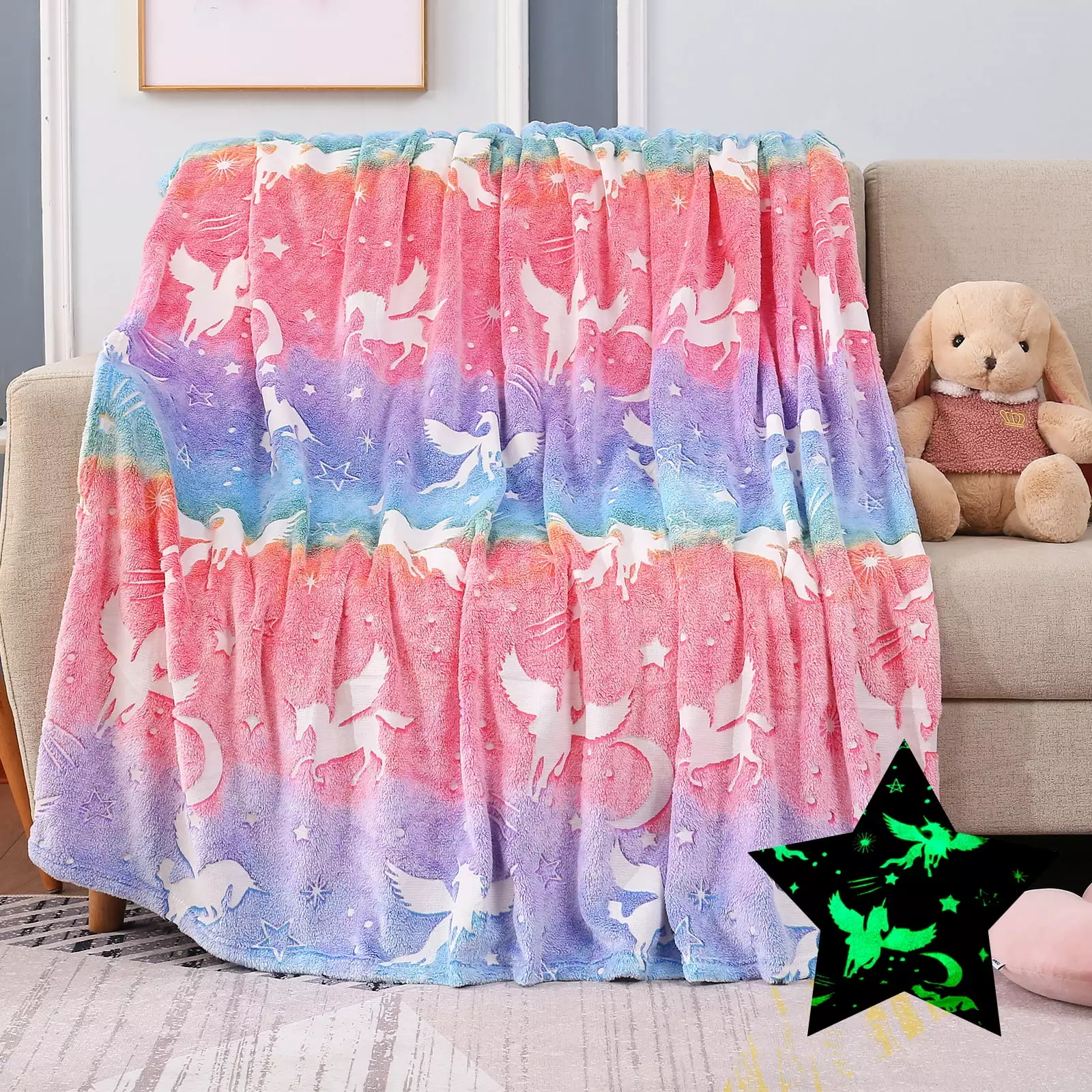 Suyfhdc Glow Dark Throw Blanket Luminous Unicorn Blanket 50x60