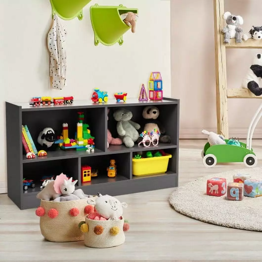 Kids 2 Shelf Bookcase 5 Cube Wood Toy Storage Cabinet Arranger Gray CostwayINC