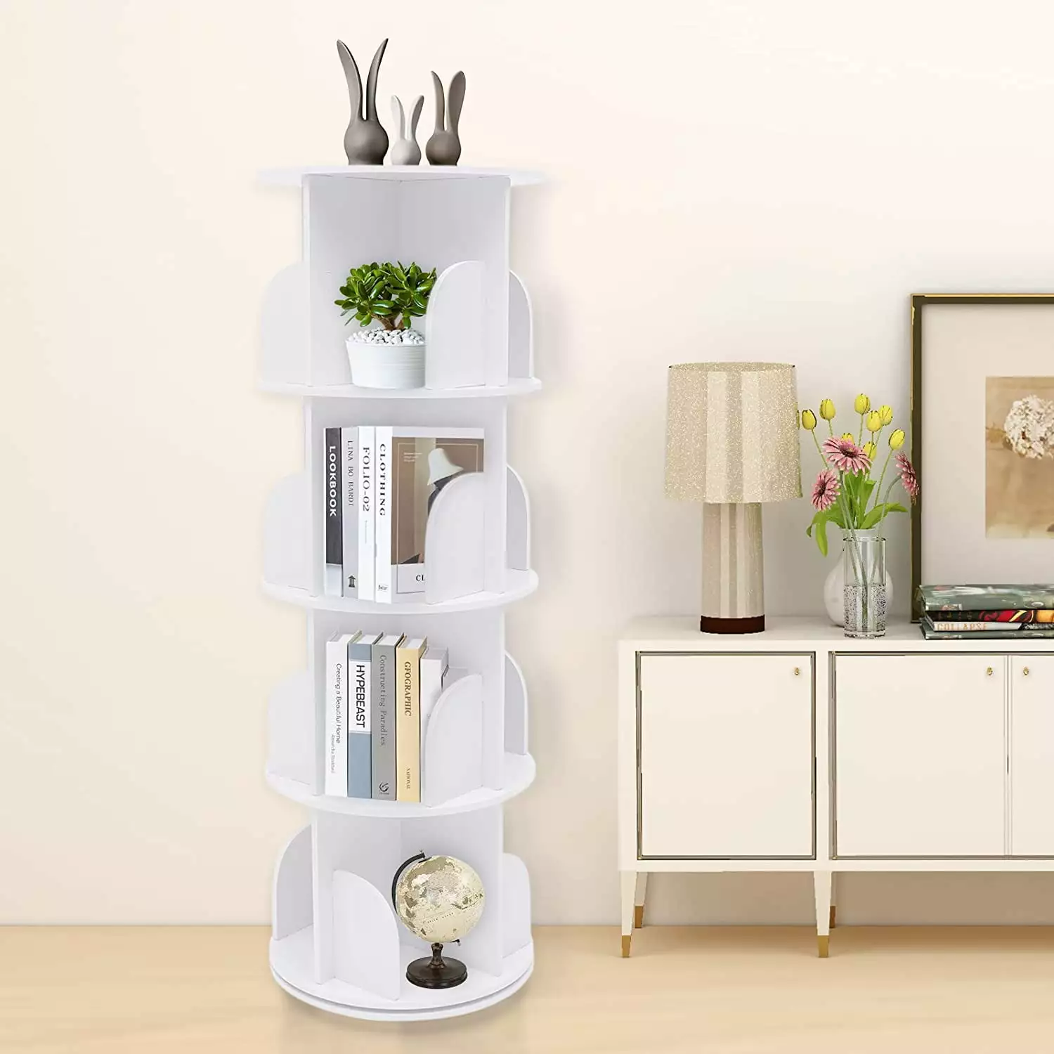 DENEST Rotating 360 Bookshelf Floor Standing Bookcase Storage Kids and Adults