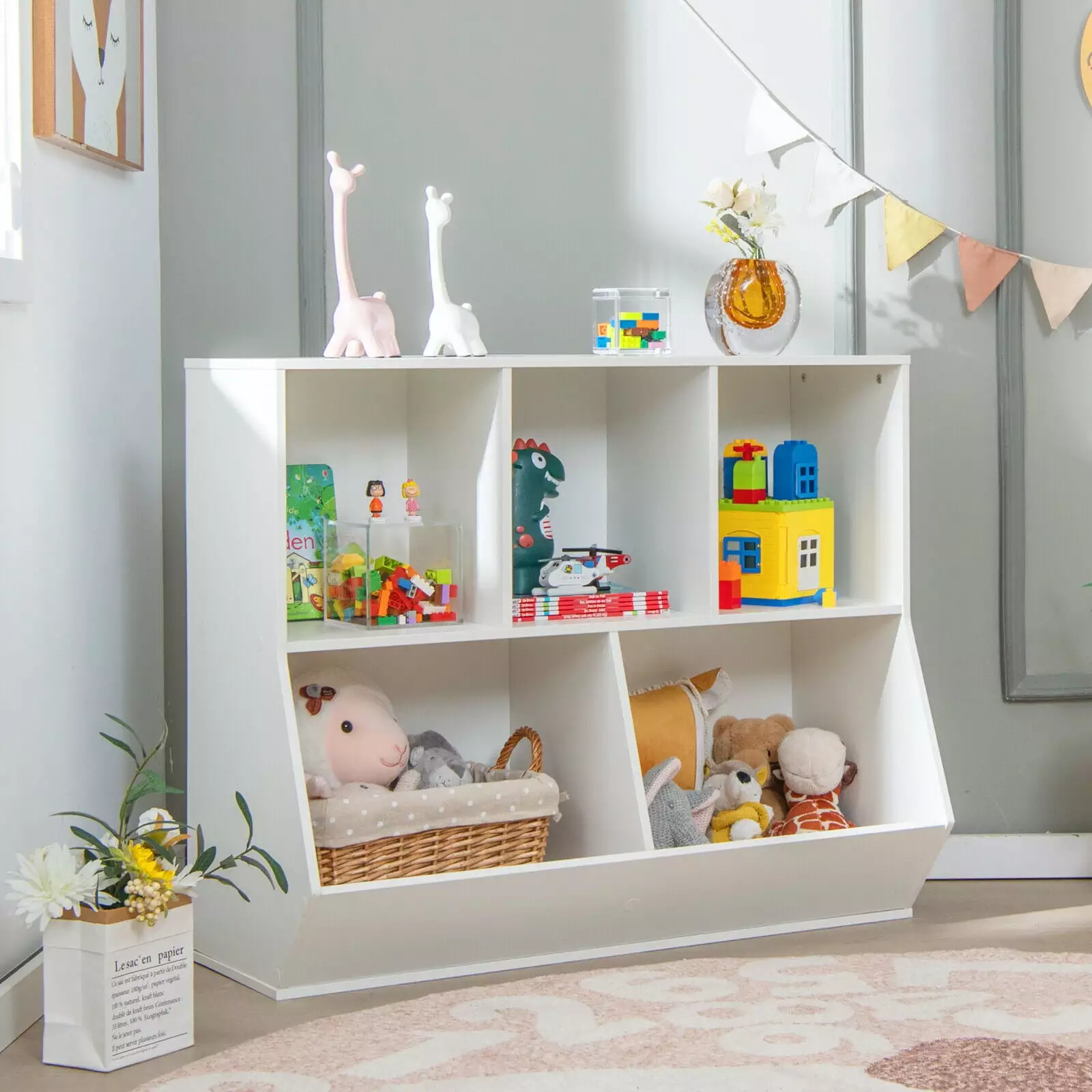 Exdeerjoy 5-Cubby Kids Toy Storage Arranger Wooden Bookcase Bookshelf Footboard White