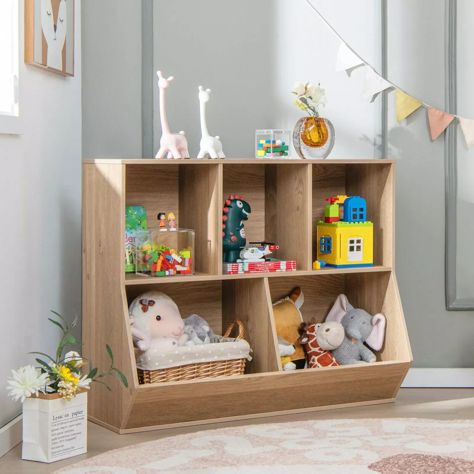 Exdeerjoy 5-Cubby Wooden Kids Toy Storage Bookcase Footboard Natural