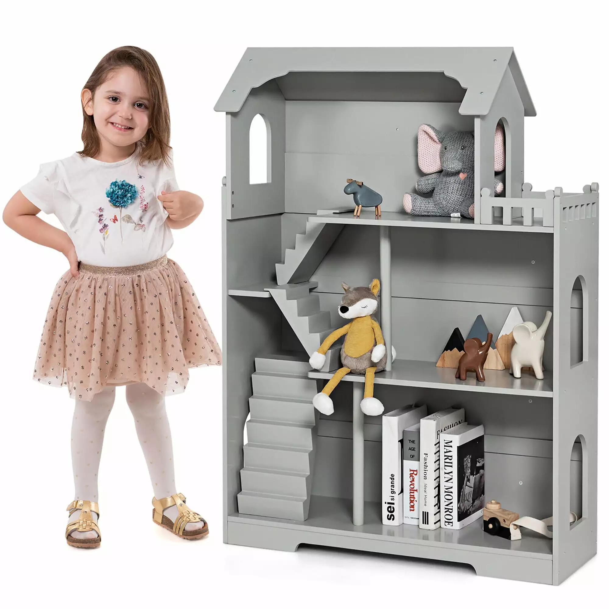 Gymax 3-Tier Wooden Dollhouse Bookcase Children's Bookshelf Kids Room Grey