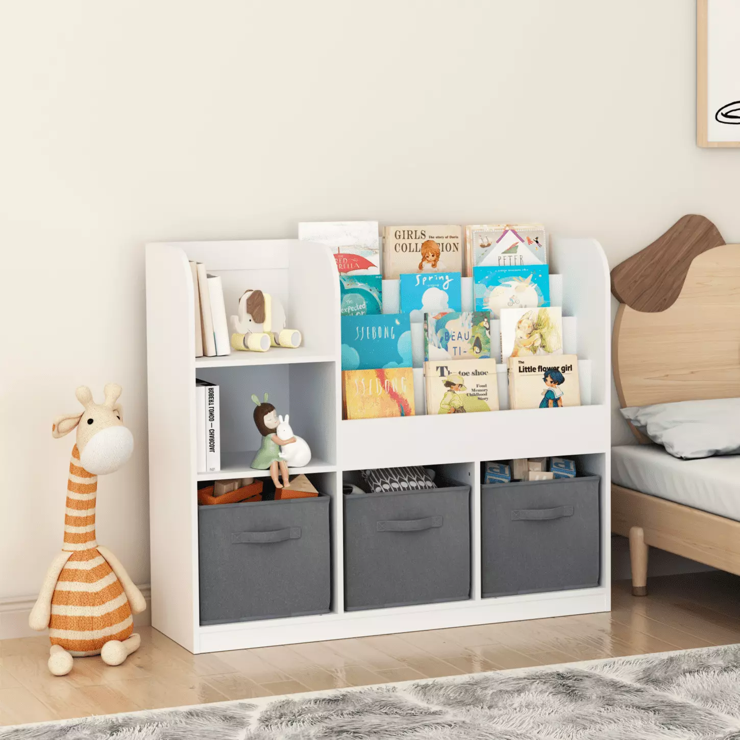 Kids Bookcase 3 Collapsible Fabric Drawers Multifunctional Toy Storage White JAMPOOCA