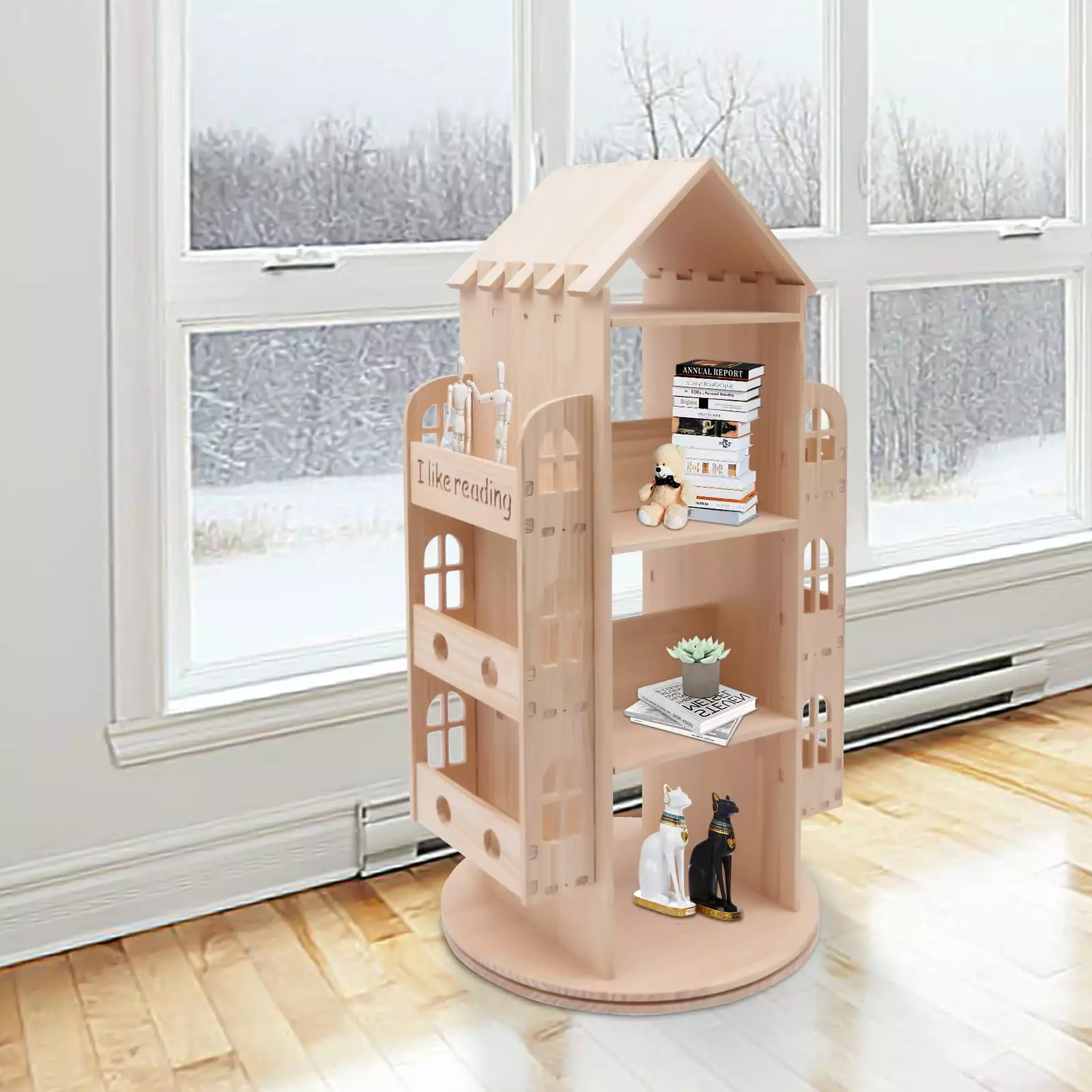 Loyalheartdy 360 Rotatable Bookshelf 4 Layer Wood Display Bookcase Castle Shape Kids Books