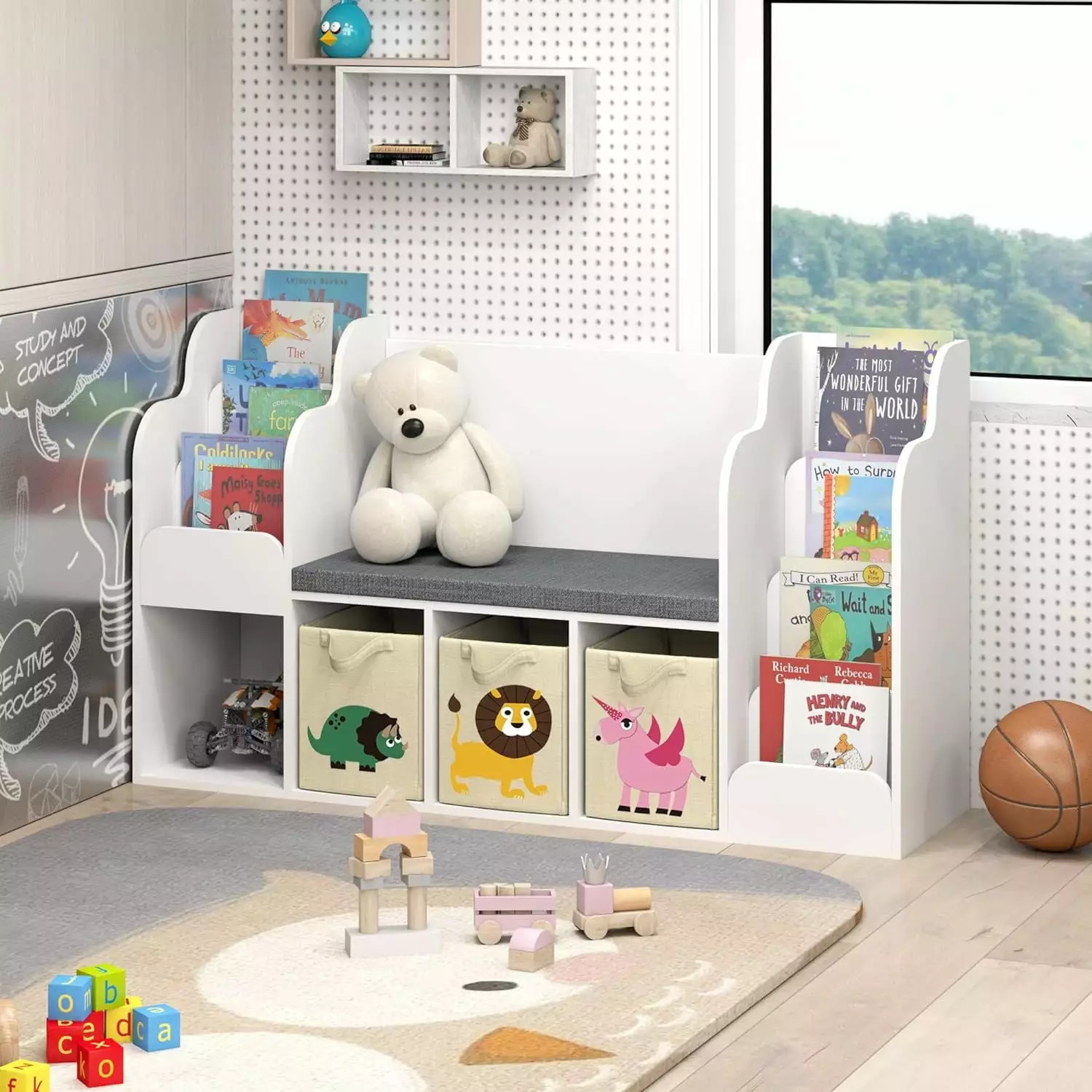 Kids Reading Nook Bench Bookshelf Toy Storage Playroom Bedroom White YoJoFHM